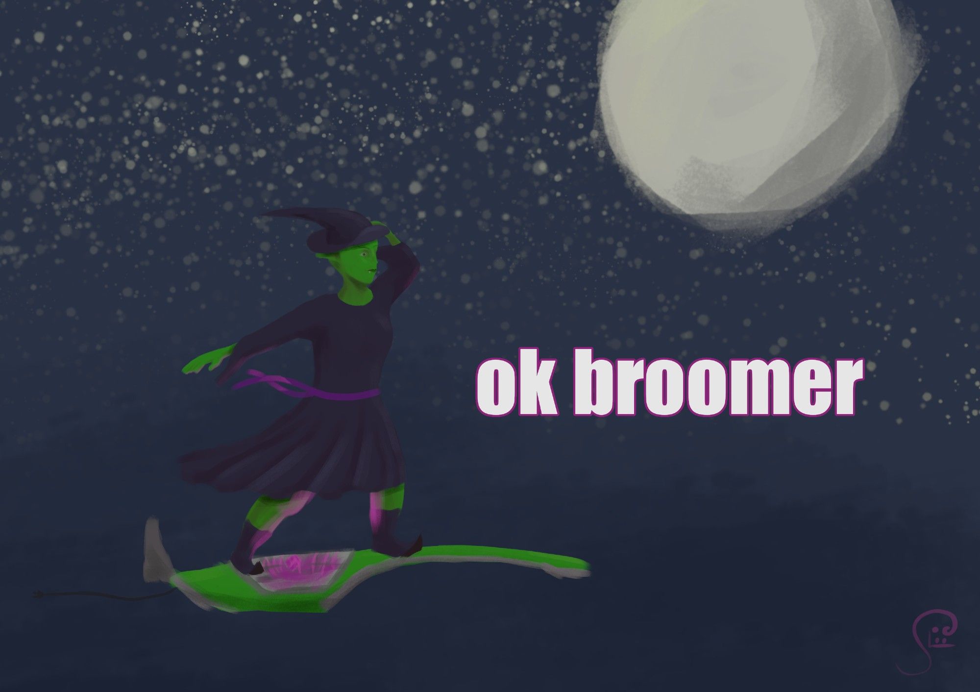 Goblin witch flying on a vacumm in the night with the text ok broomer attached