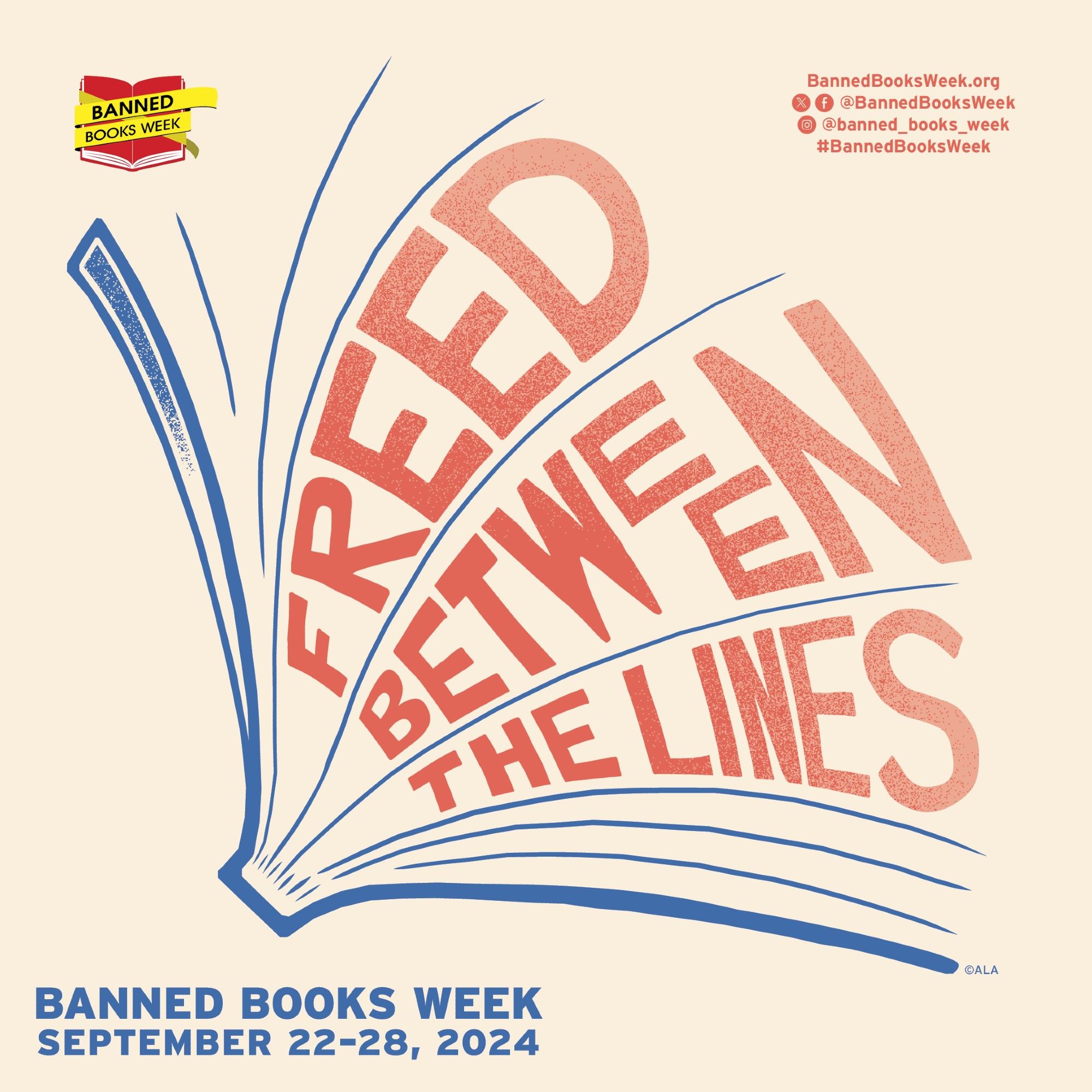 The image contains the text "Banned Books Wee, September 22-28, 2024" and "Freed between the lines."