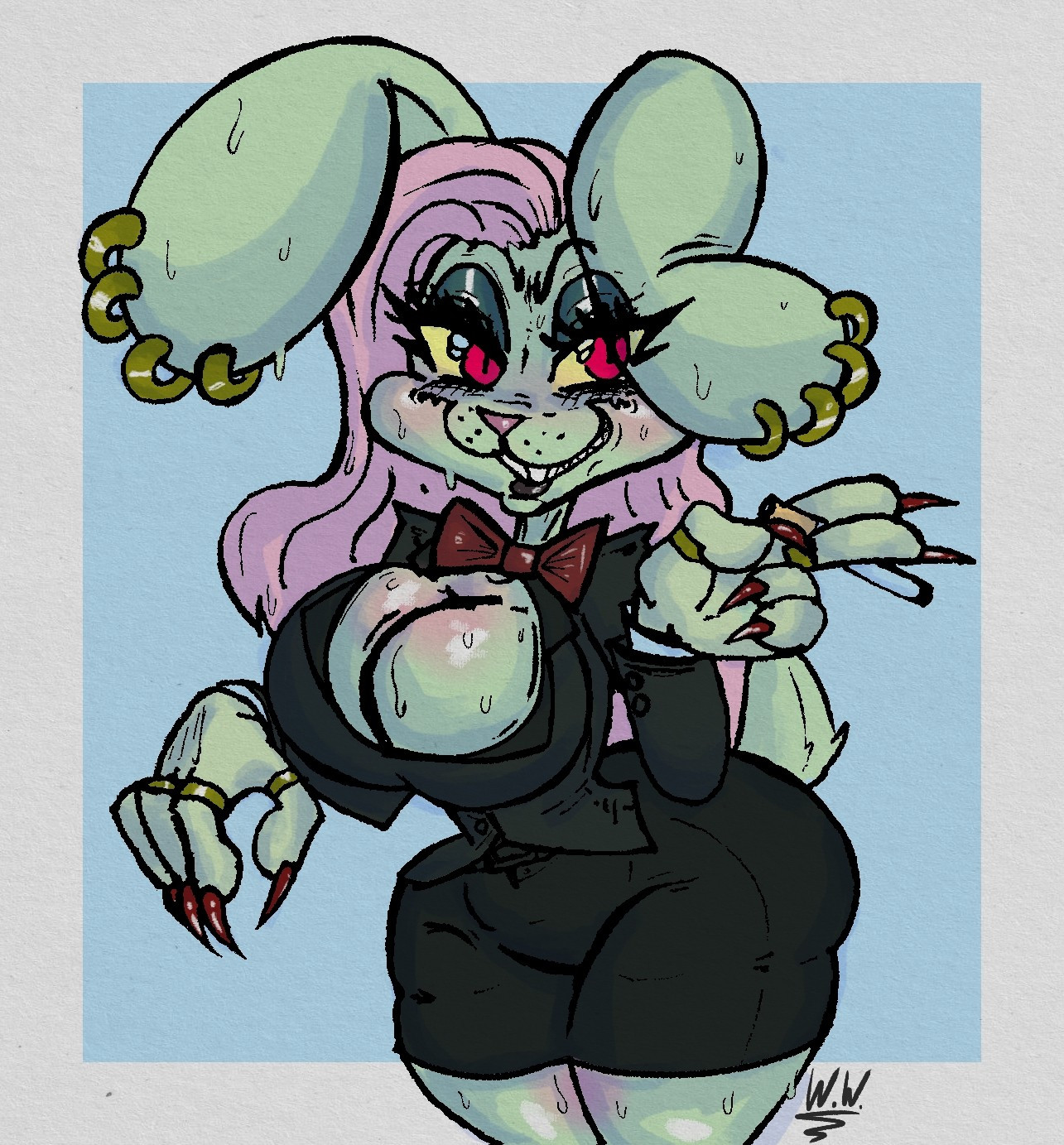 An illustration of a green and throw rabbit woman wearing business clothing and a bow tie. She has gold jewelry including earrings and rings. She has long sharp red nails and is smoking a cigarette.