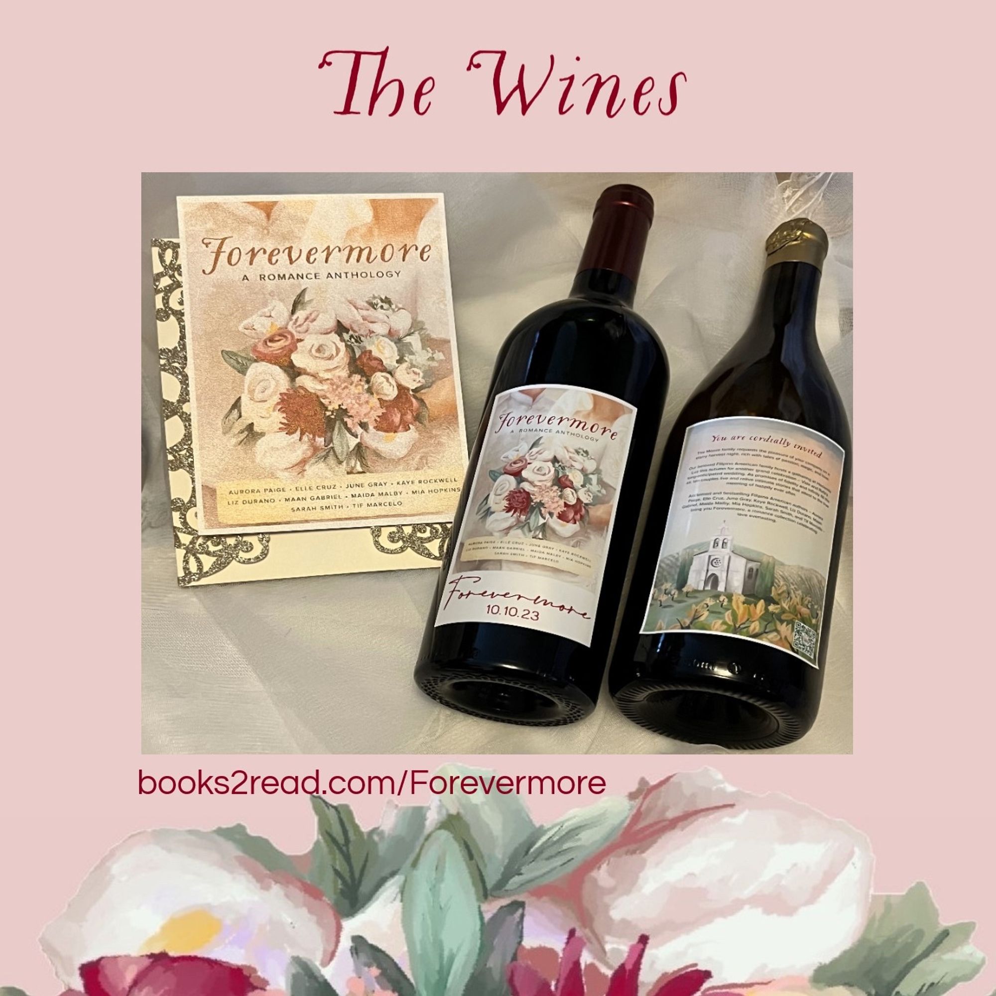 An invitation card with Forevermore cover on it; two bottles of wine with the front cover on one and the back cover on the other.