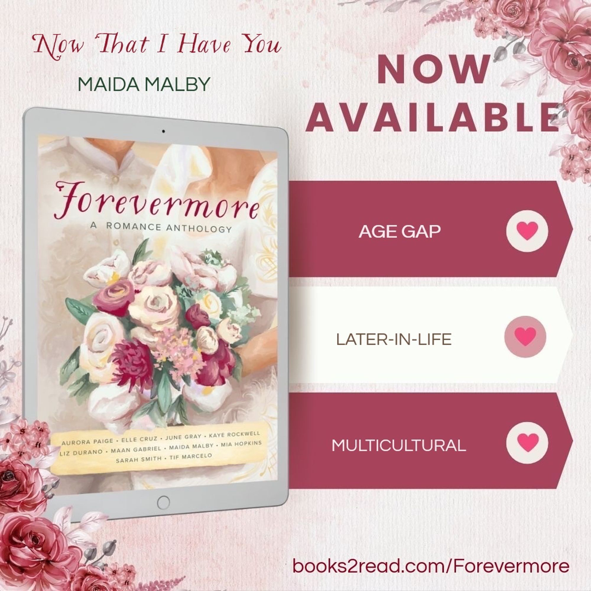 An eReader showing the cover of Forevermore 
Now Available, the tropes, and the buy link books2read.com/Forevermore