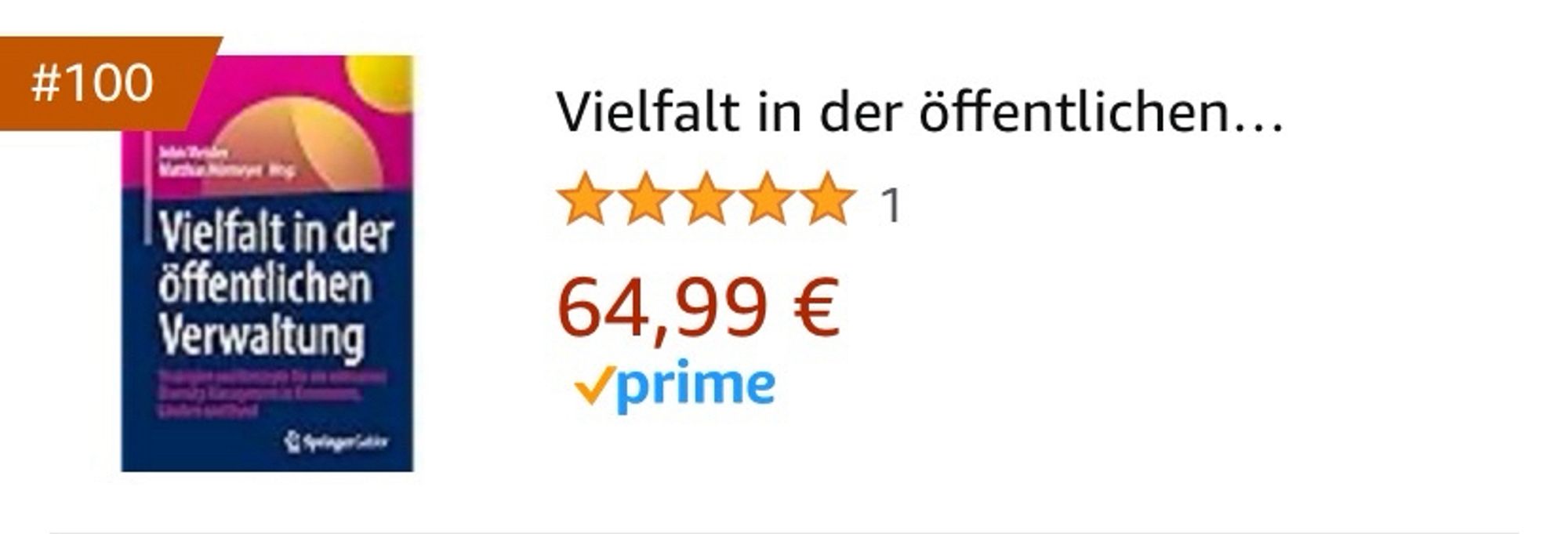 Screenshot vom Buch-Cover mit einem Hinweis drauf, dass das Buch auf Platz 100 steht. Daneben der Kaufpreis von 64,99€ und eine 5-Sterne-Bewertung auf Amazon.