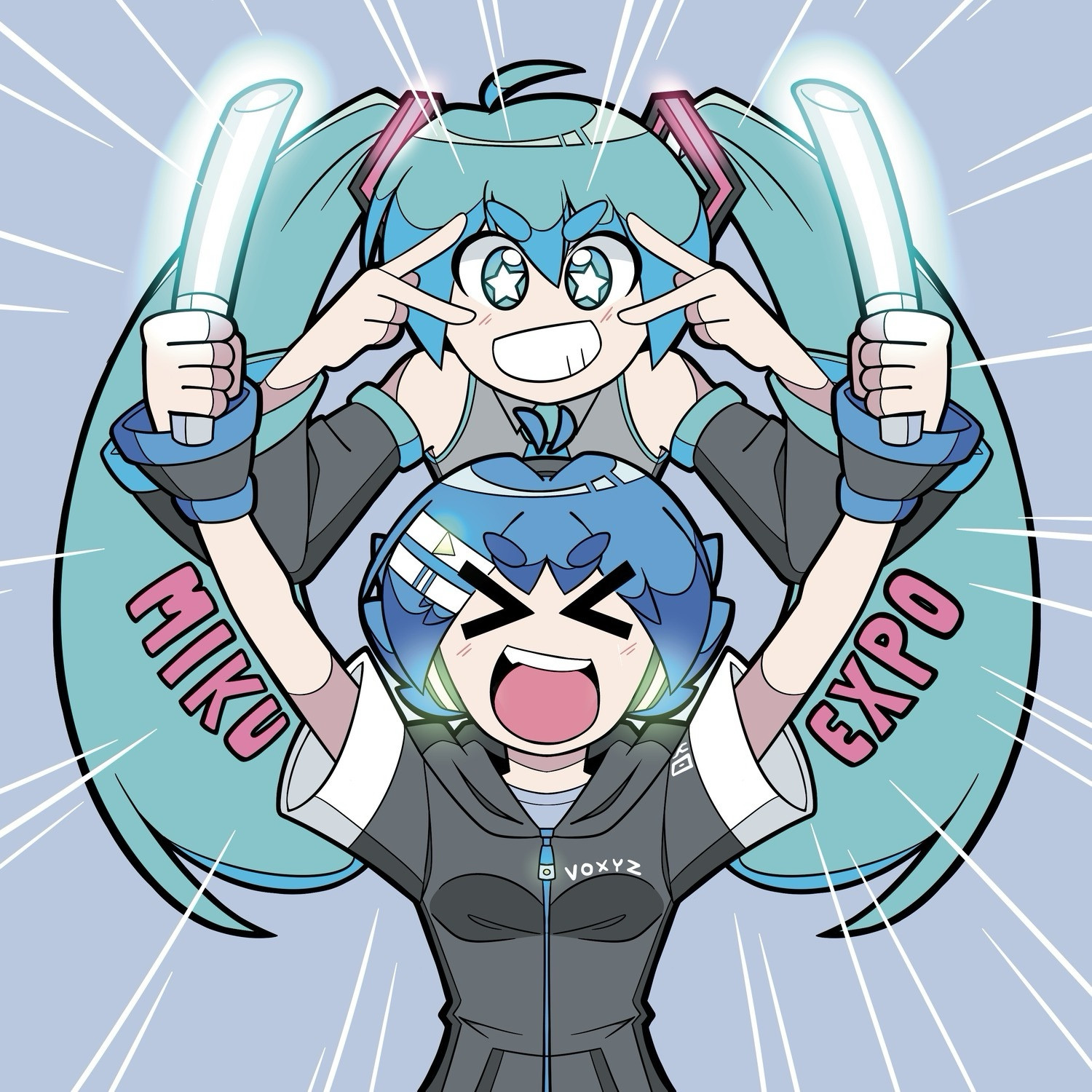 Aiko waving penlights, with Miku doing the “Miku Miku Beam” pose from Magical Cure Love Shot behind her.