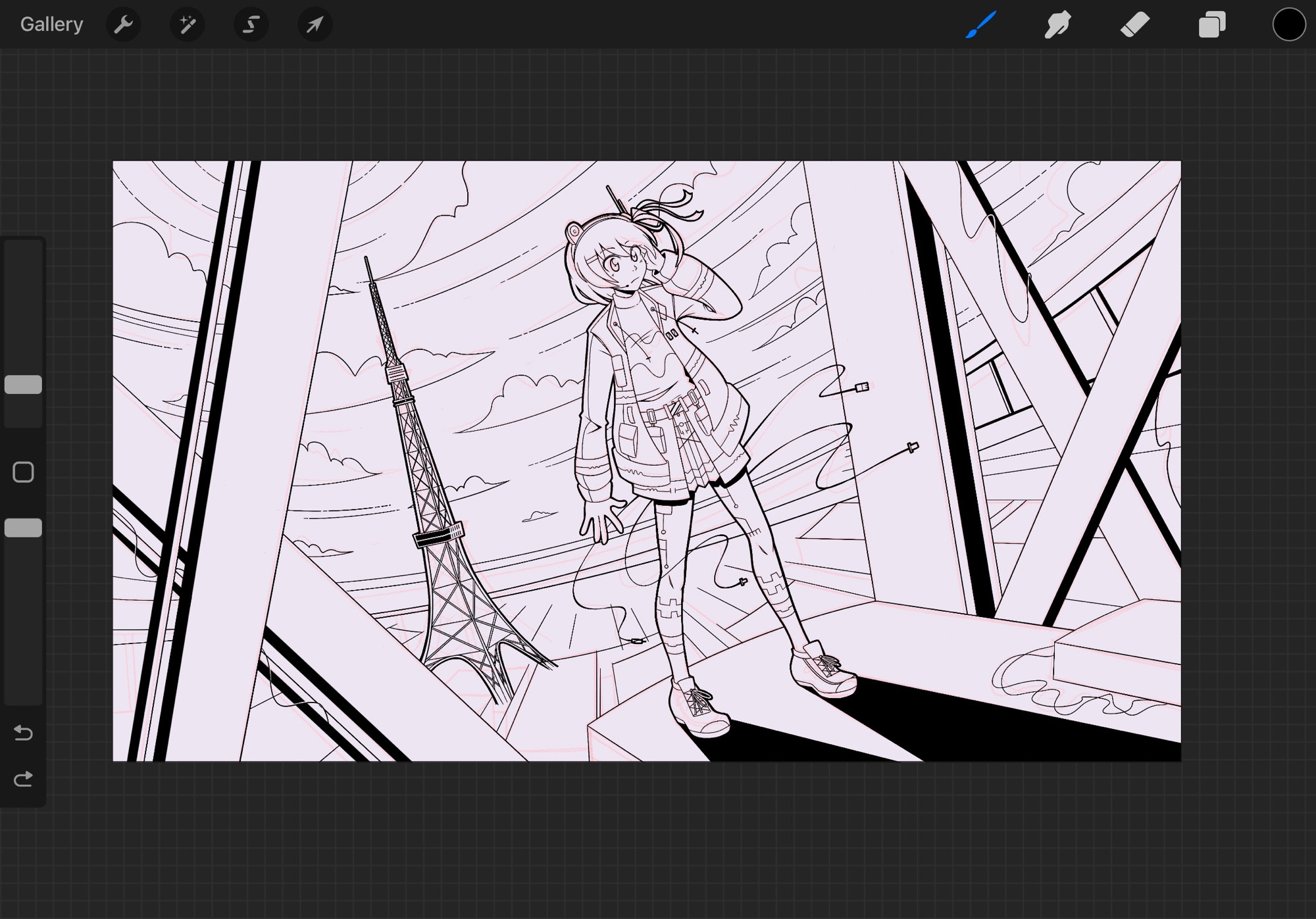 A work in progress drawing of Adachi Rei for a cover of Unscrupulous Cheering by Police Piccadilly. Rei is featured standing on an under construction building with Tokyo Tower behind her in the background.