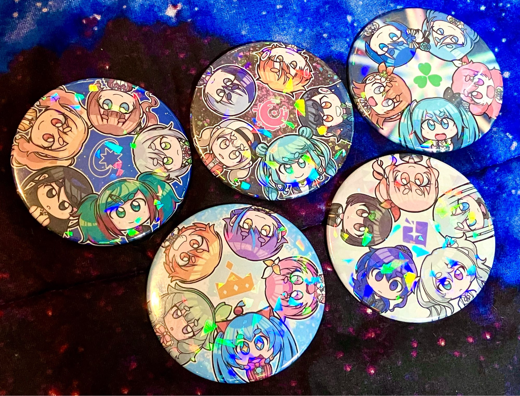 Large holographic button badges featuring Project Sekai units.