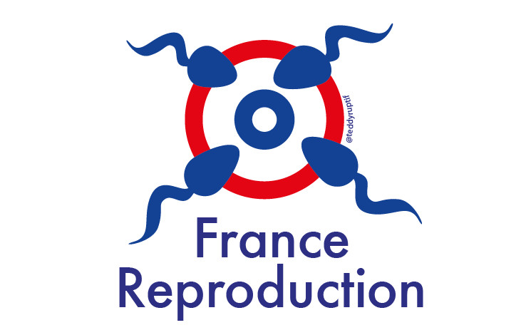 Logotype France Reproduction. 4 spermatozoïdes dessinés en bleu superposent une cible constituée d'un cercle rouge et d'un bleu à l'intérieur.