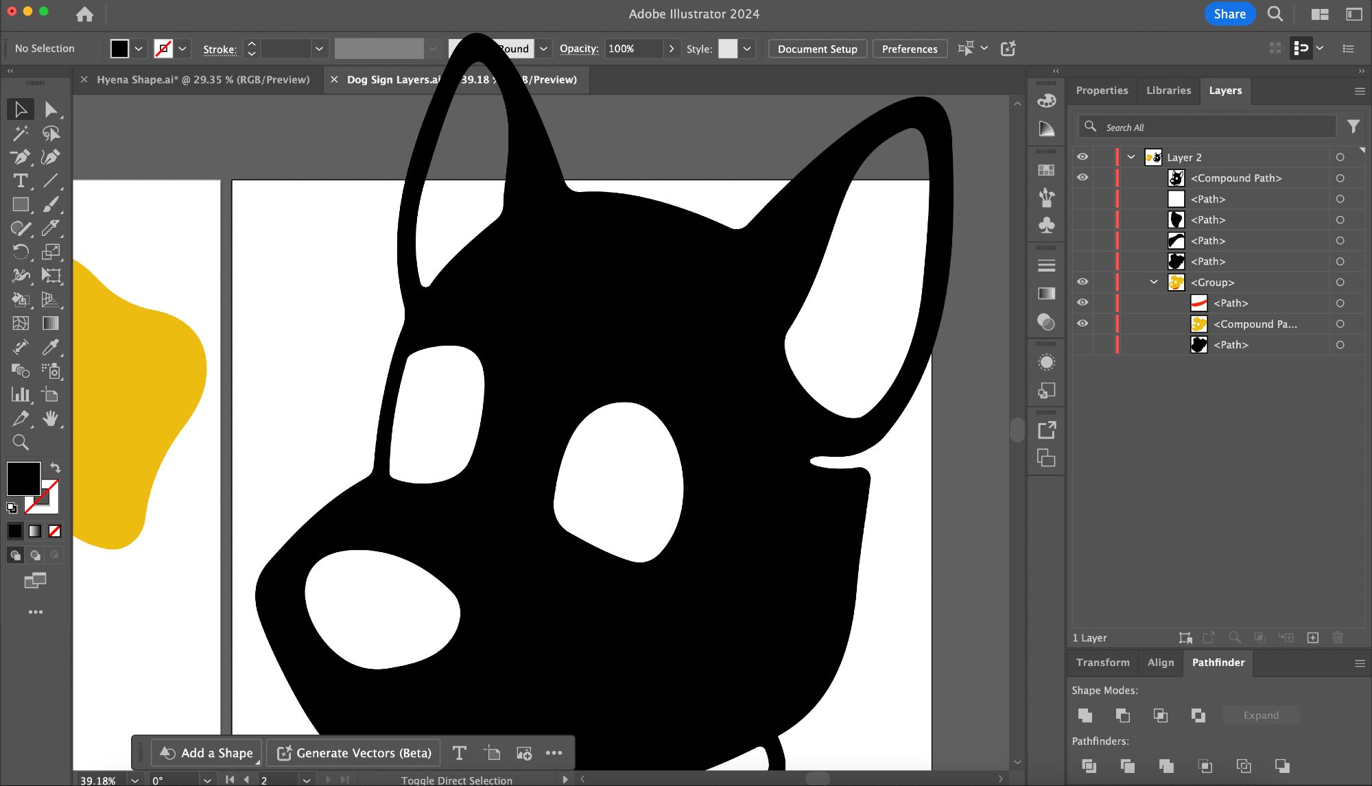 screenshot of adobe illustrator showing a low detail silhouette of a dog head with his ears poking out of the preview window and obscuring part of the toolbar