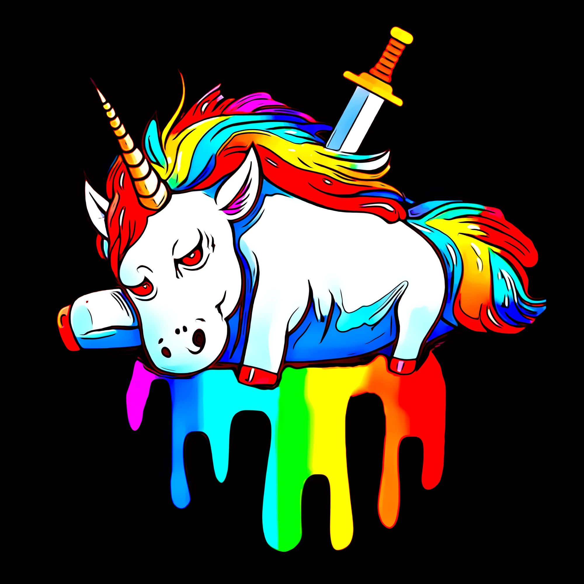 Colorful cartoon unicorn. It is dead with a sword sticking out the back. Rainbow is flowing out from under the body instead of blood.  