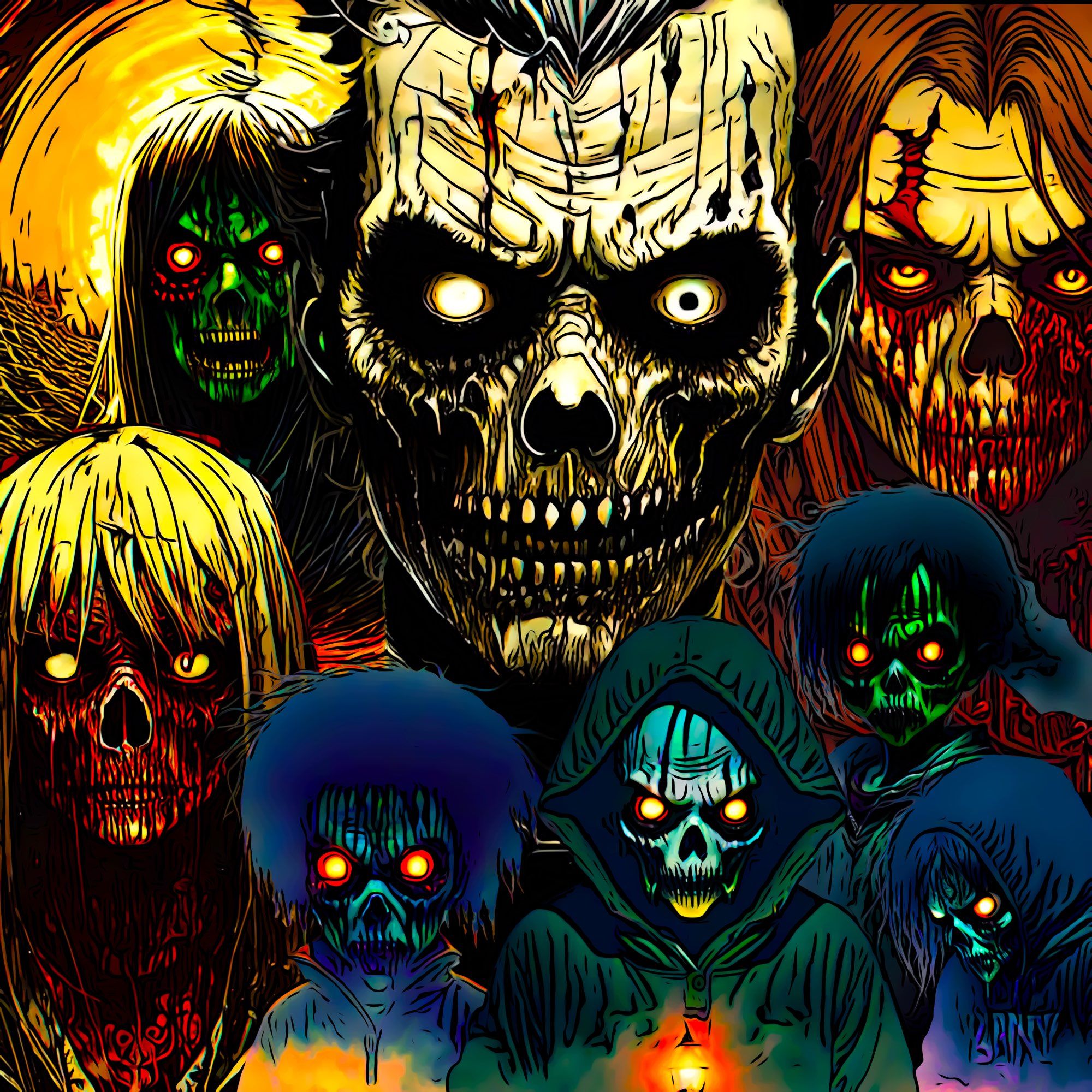 Artwork. Eight zombies, four adult, four young. All evil eyes, all horrific. 