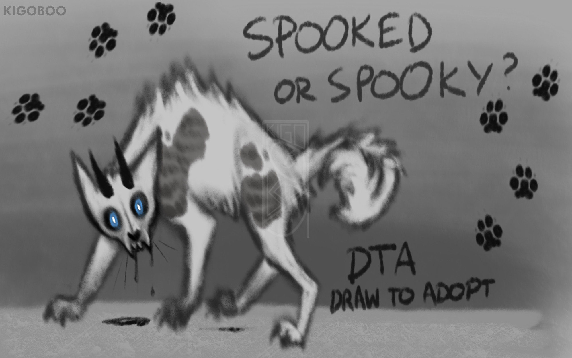 black and white drawing of a stylised cat with a skull head, small horns, and glowing blue eyes. text reads "spooked or spooky?" and "DTA draw to adopt". there are paw prints drawn in the background.