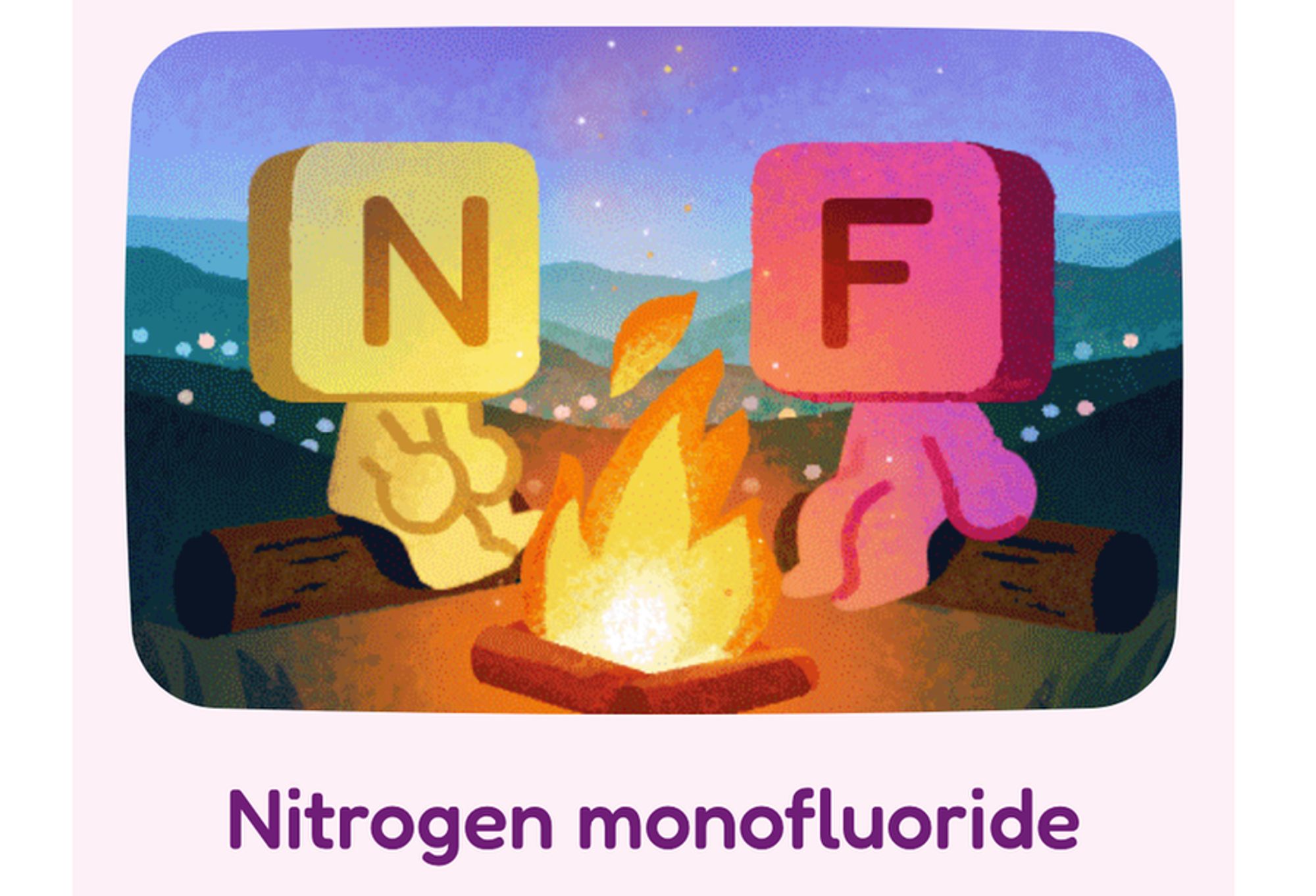 Drawing of anthropomorphized Nitrogen and Fluorine atoms, sitting next to a campfire.  How romantic.  Underneath it says Nitrogen monofluoride.