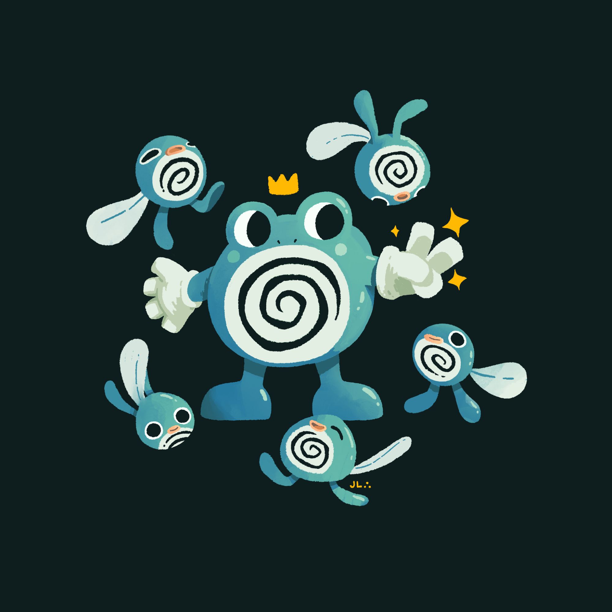 An illustration of the pokemon poliwhirl standing in the middle of five poliwag. A little crown floats above the poliwhirls head