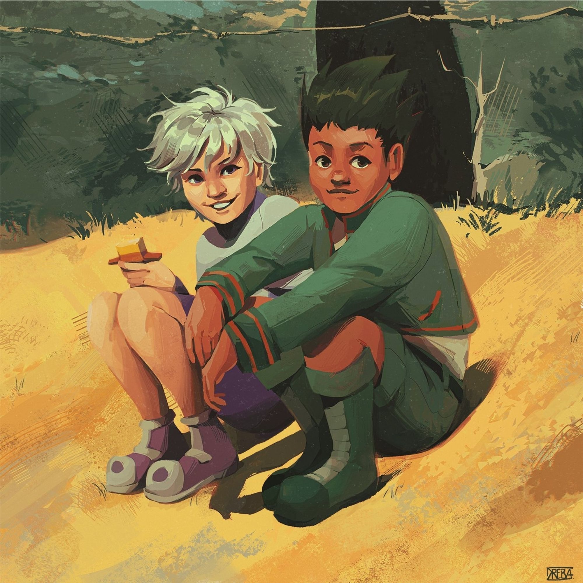 illustration of gon freecss and killua zoldyck from hunter x hunter sitting down on the ground, referencing milton nascimento's clube da esquina. they're both smiling for the camera. end of alt.