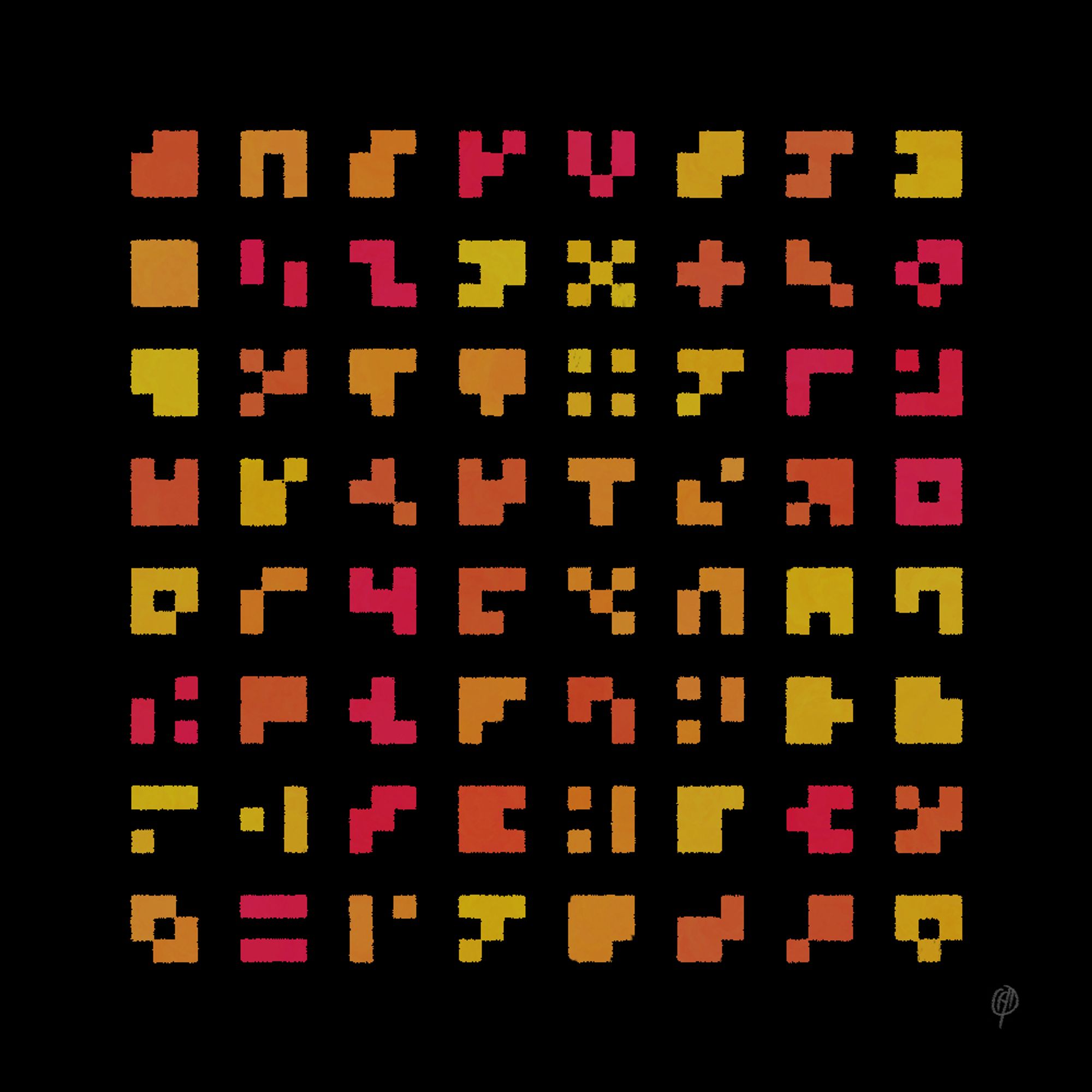 a grid of shapes in reds and yellows