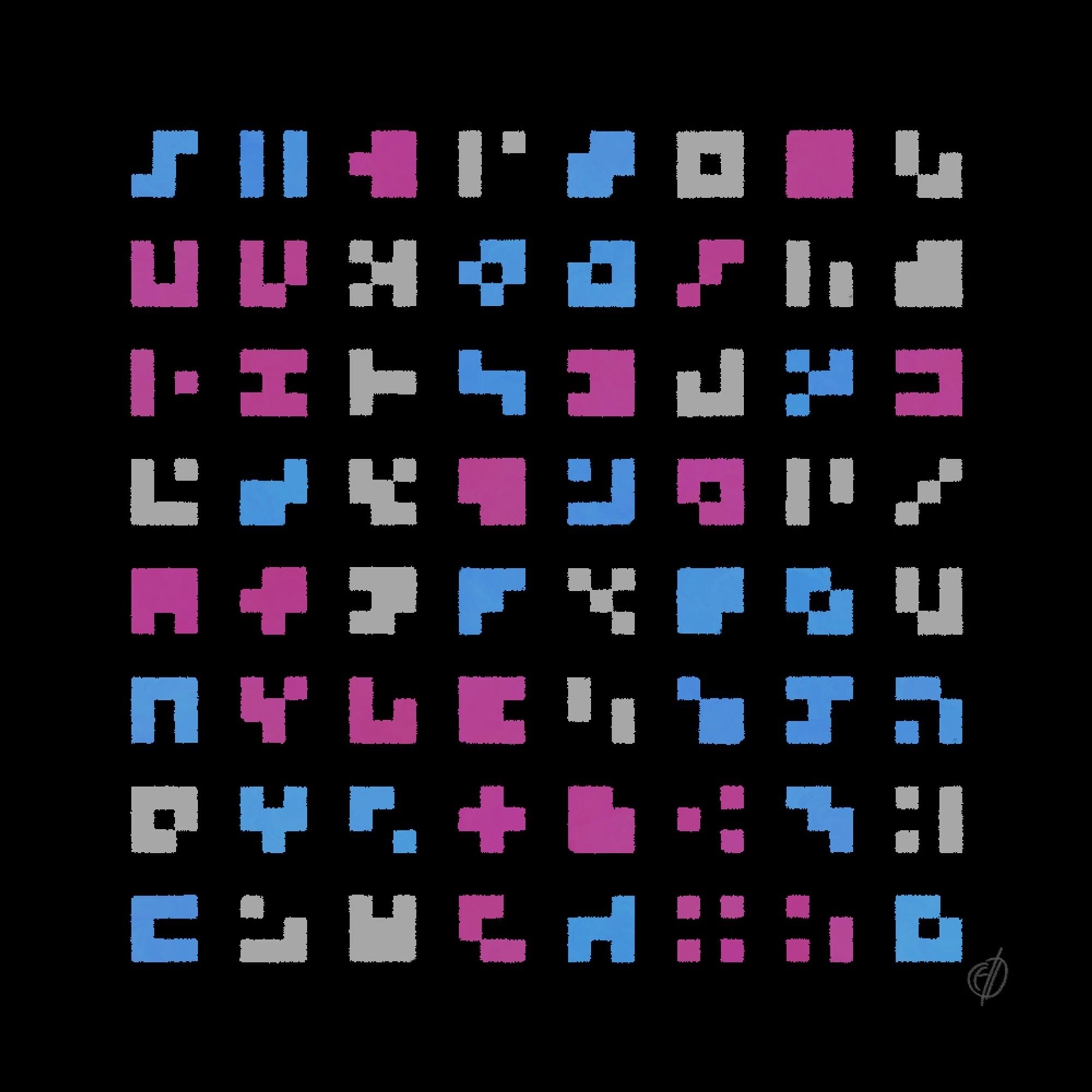 a grid of shapes in blue, pink, and white