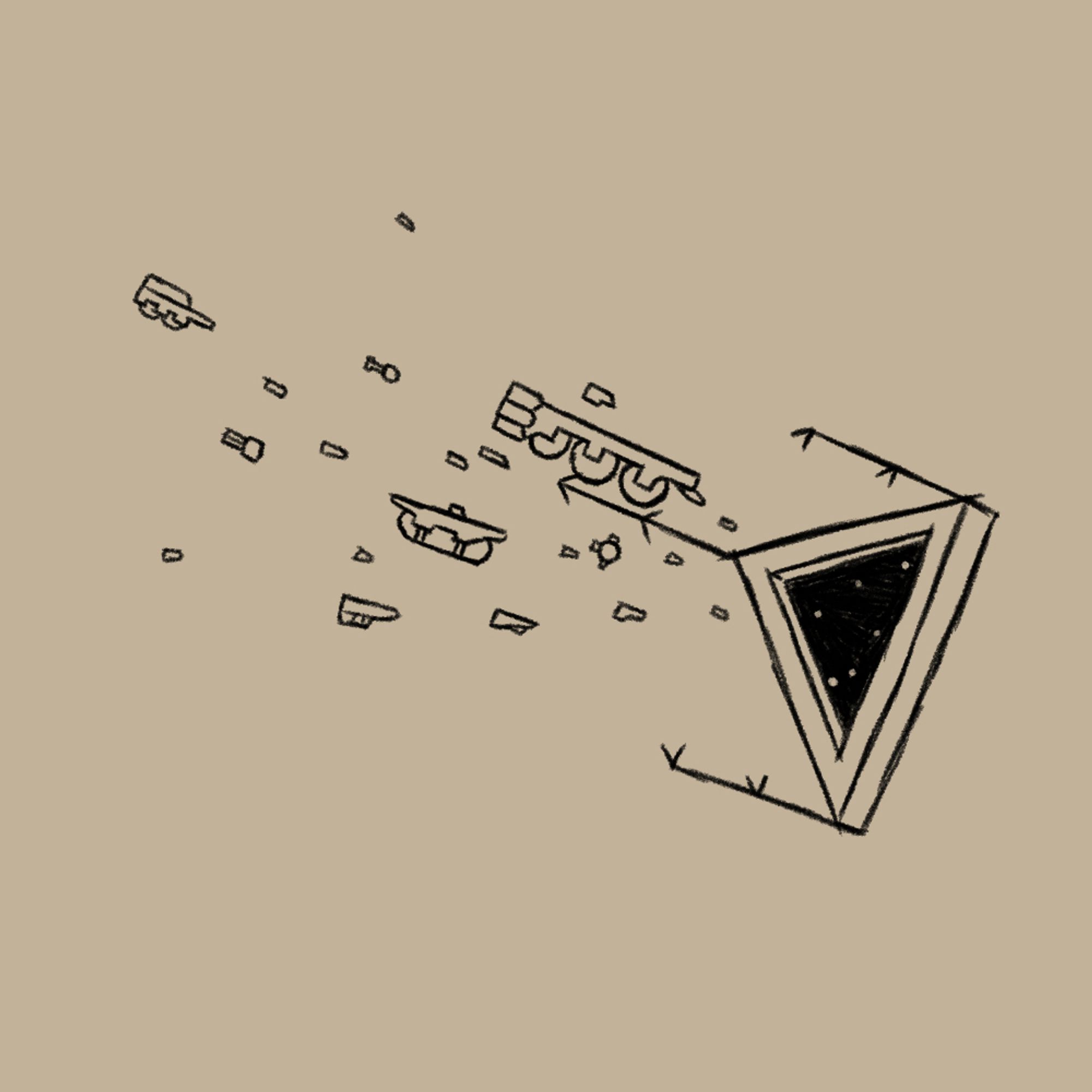 a doodle of little spaceships(?) flying towards a triangular gate opening onto stars