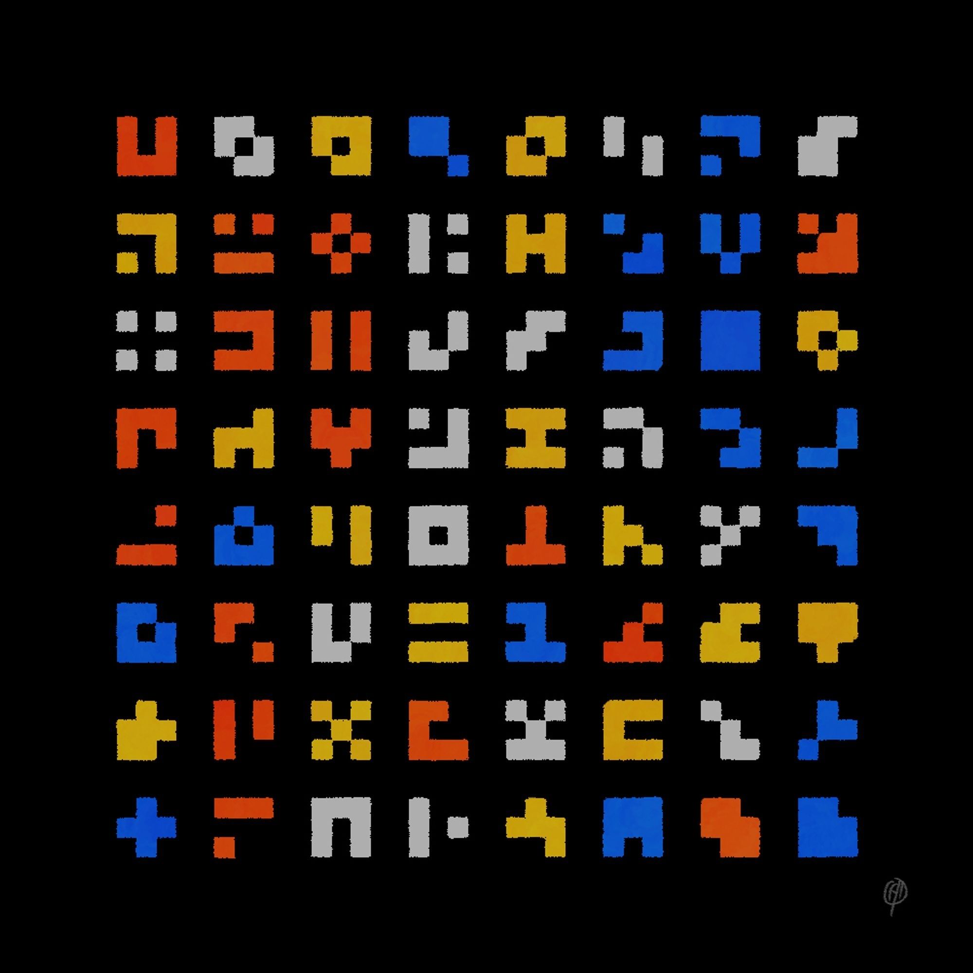 a grid of shapes in red, yellow, blue, and white