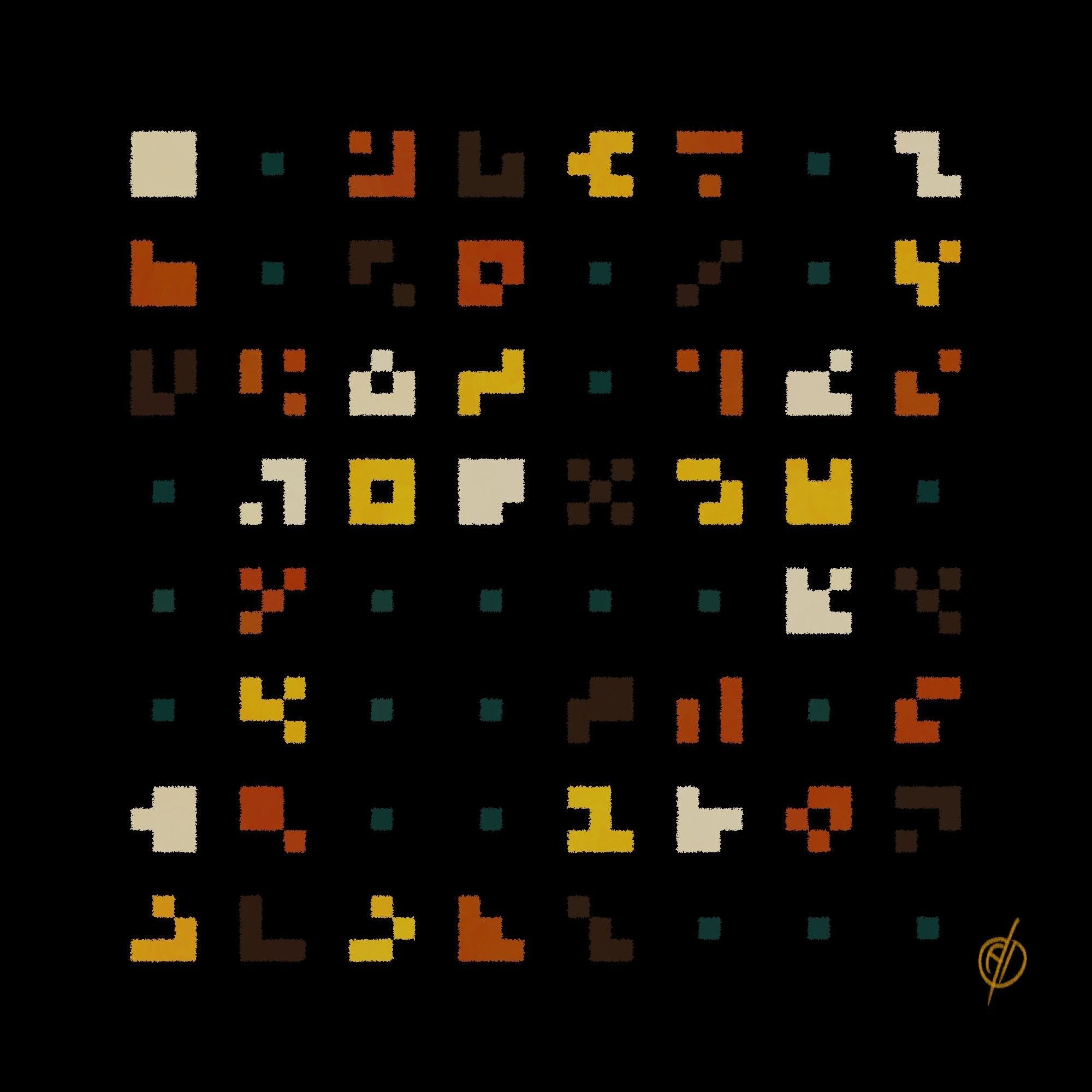 a grid of shapes in white, gold, rust and deep brown