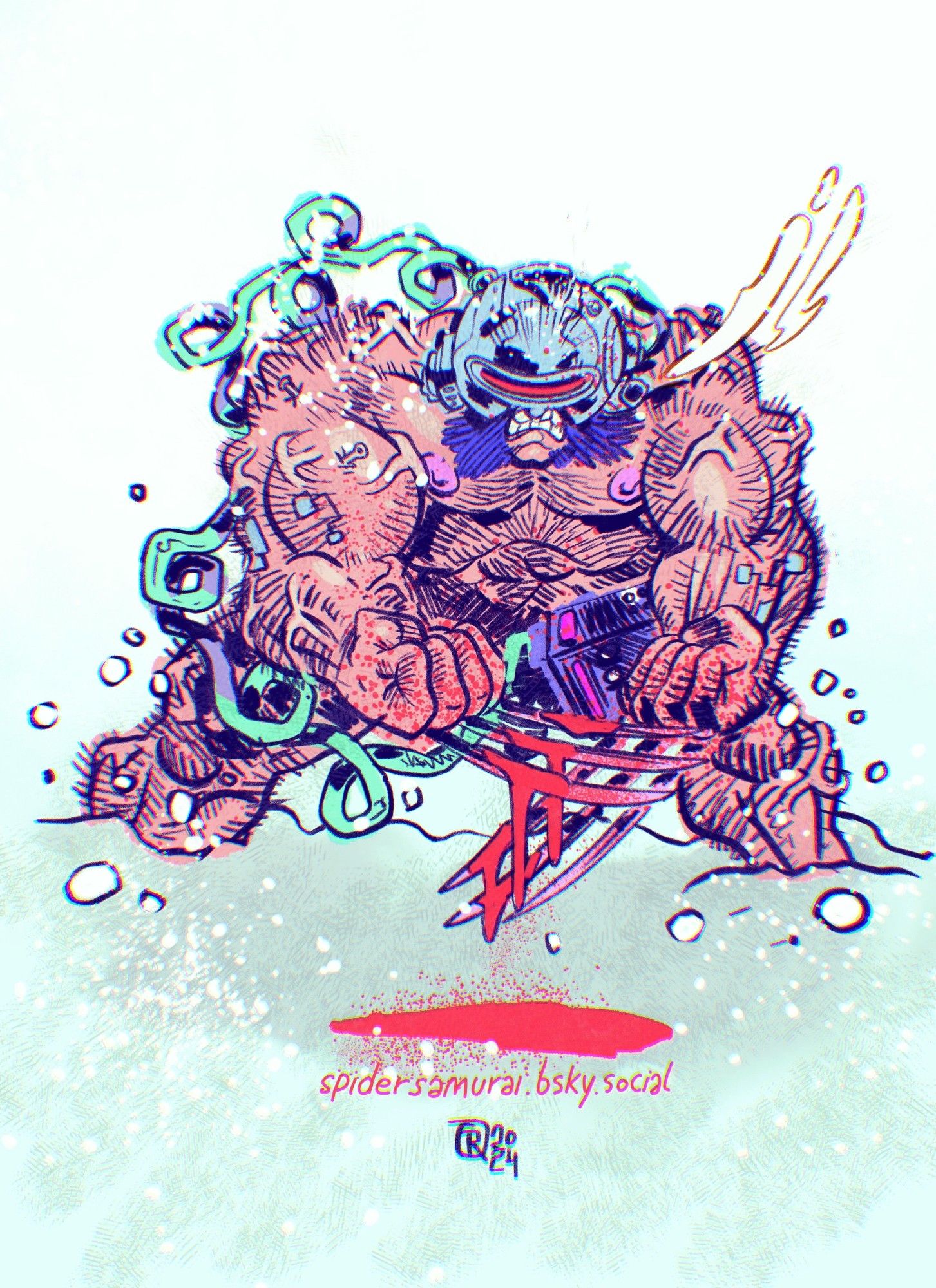 Quick Weapon X fanart illustration depicting Weapon X [Wolverine] character from Marvel Comics in a cartoonish style. Wolvie is almost naked, he has his metal Weapon X helmet, his adamantium claws are out and covered with blood. Snow is flowing around him in a blank winter setting.