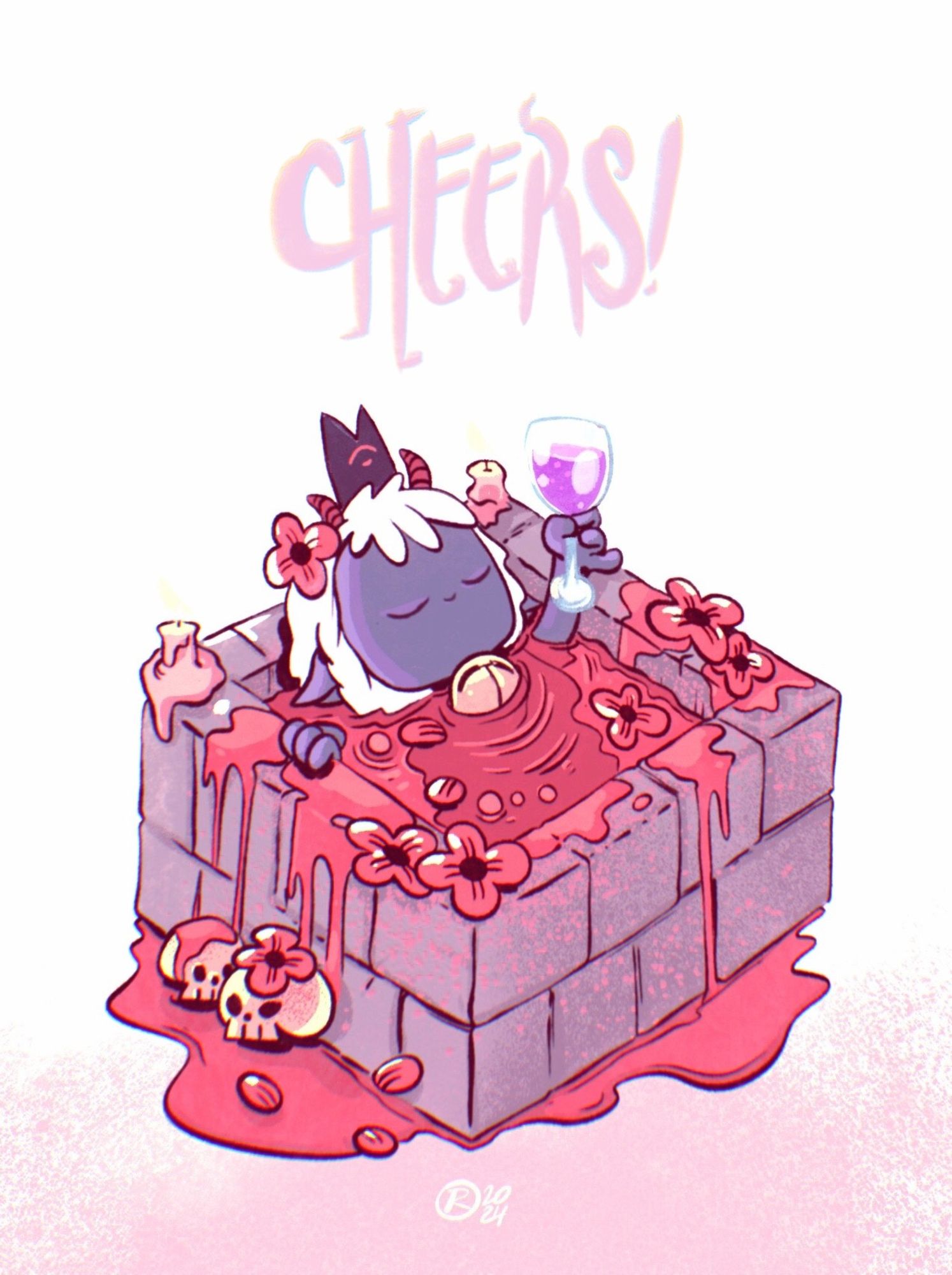 Fanart illustration of The Lamb from Cult Of The Lamb game. Lamb is taking a bath in blood in a stone bathtub. She's  holding a glass of purple wine, there are also some camellia flowers, candles and two skulls near the bathtub. The typography in the upper part of the image is: CHEERS!