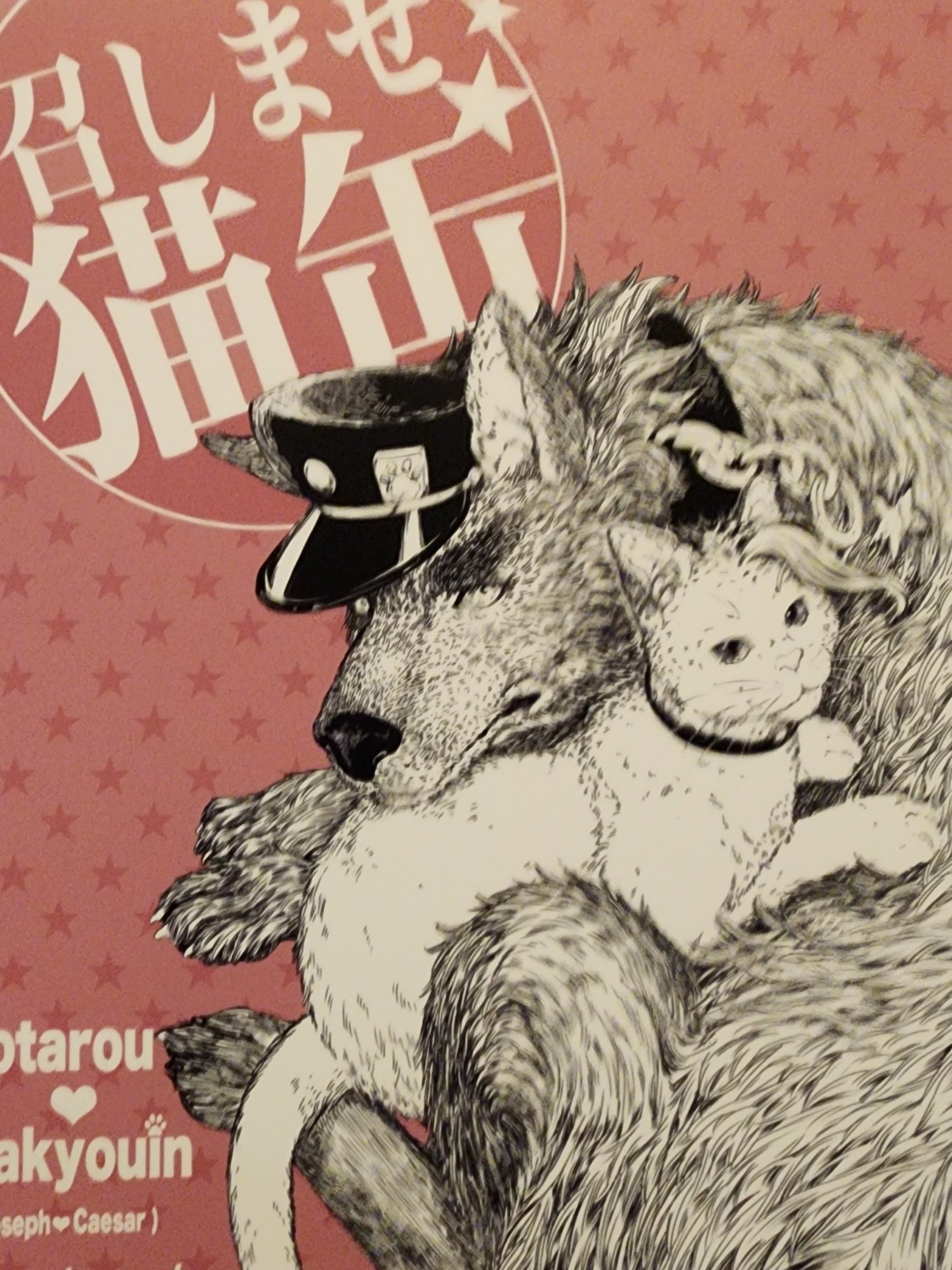 Cursed Jotakak furry doujin. Pink cover with black and white Jotaro dog with hat and Kakyoin cat with his hair noodle.