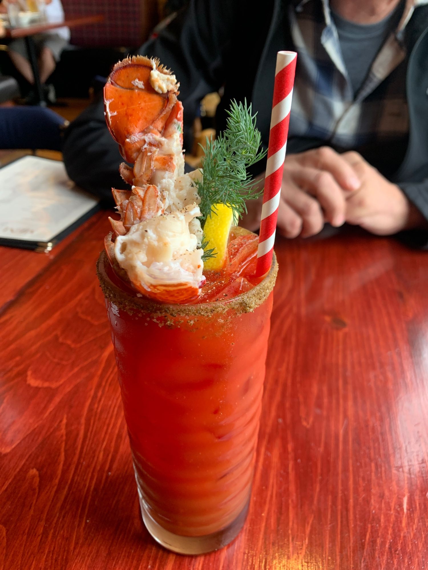 My Lobster Mary: Black Harbour Lobster Vodka, tomato juice, Worcestershire, Tabasco, Fennel Bitters, half lobster tail from The Old Fish Factory in Lunenburg, Nova Scotia.