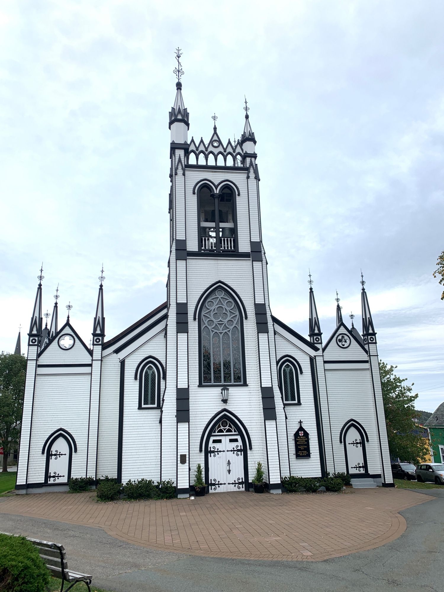 St. John’s Anglican Church, a large wooden Carpenter Gothic church, established in 1753 in Lunenburg, Nova Scotia.