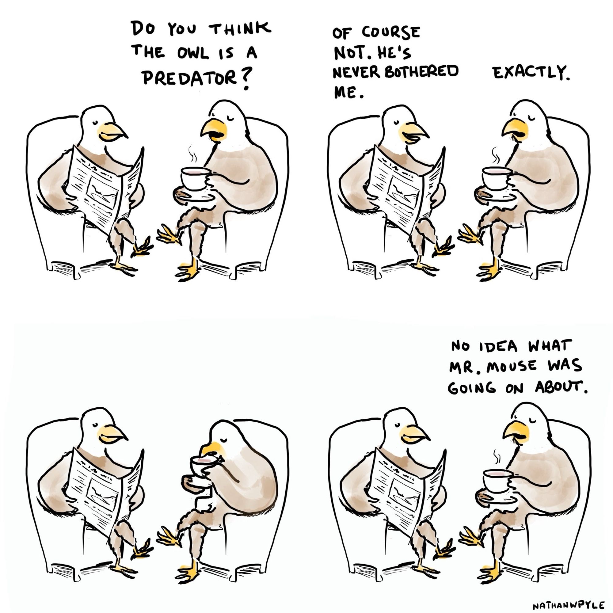 Comic of two eagles complaining that mouse called owl a predator, since he’d never bothered them.