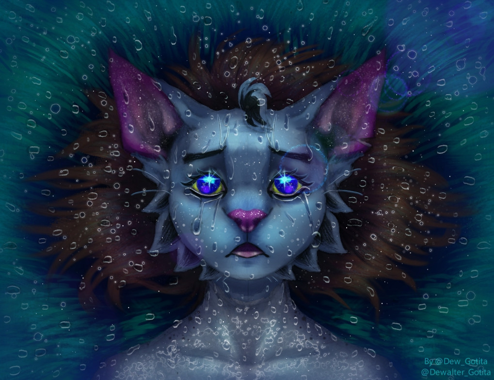 Digital furry art of detailed render headshot: gray cat fursona crying on grass covered by dew, shiny drops and eyes reflecting the night sky.