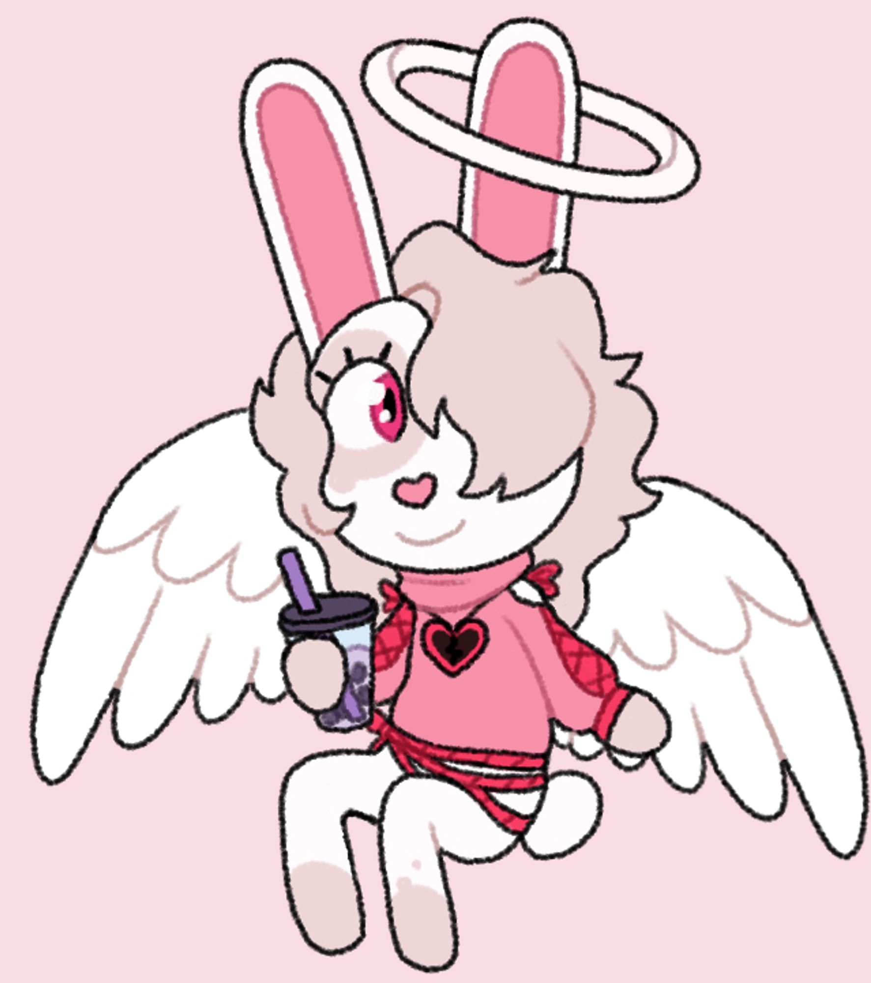 A drawing of a white rabbit animal crossing villager. She has a halo and angel wings, and an oversized heart sweater on. She's smiling and holding boba tea.