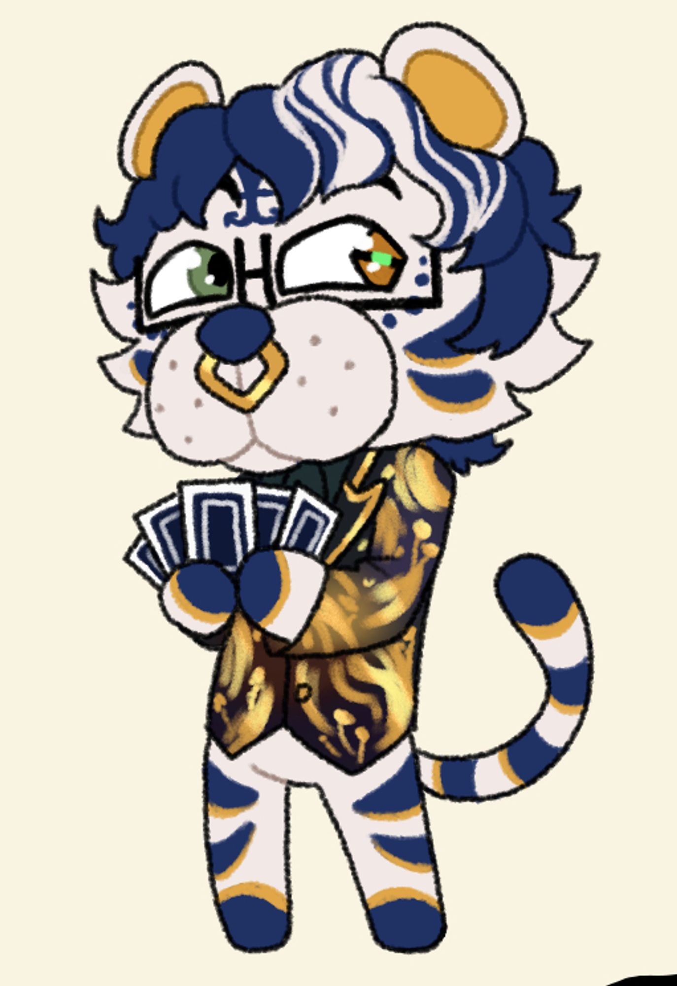 A drawing of a white tiger Animal crossing villager. He has a fancy gold decorated suit and nose ring. He's holding some playing cards