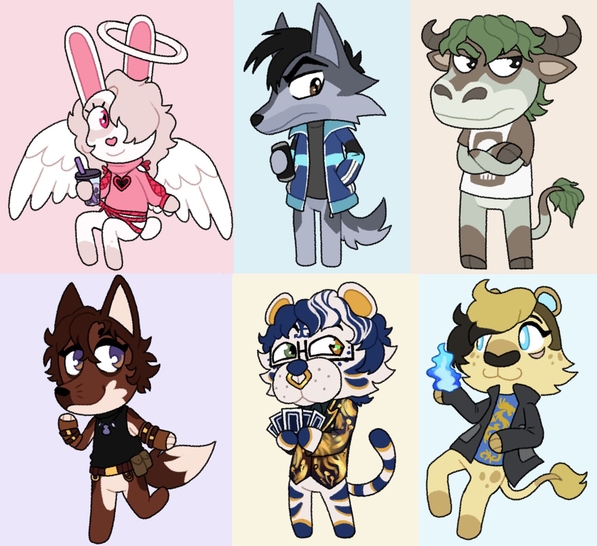 A collage of various user's ocs turned into animal crossing villagers. There is a white angelic bunny, an annoyed grey wolf, an even more annoyed bull, a brown fox, a white tiger, and a lioness