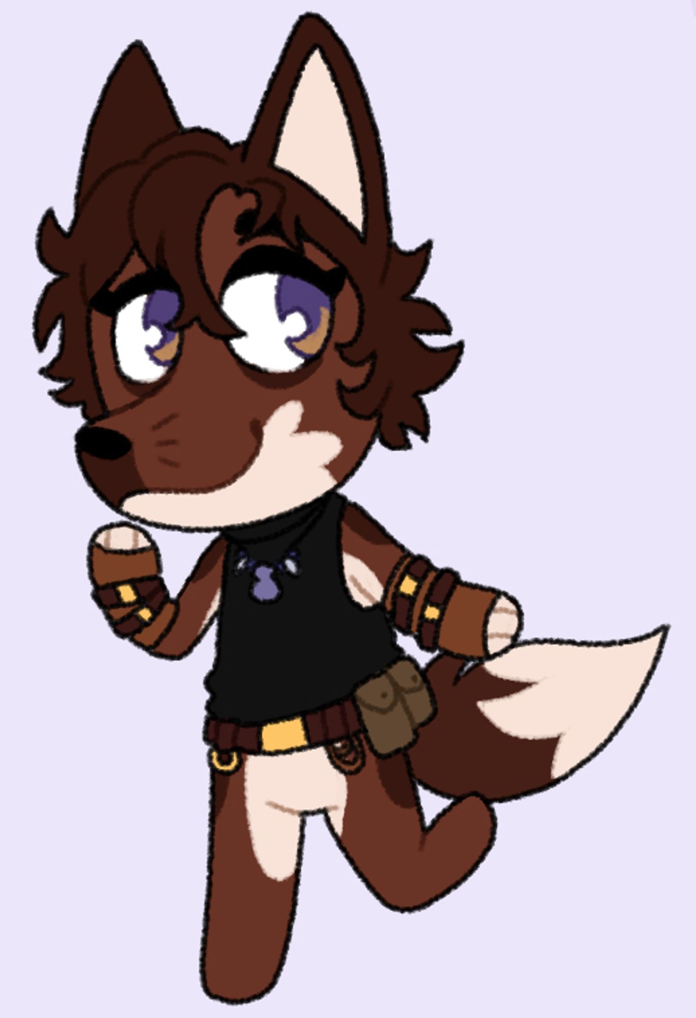 An image of a fox-like Animal crossing vilager with dark brown fur. They're wearing a black sleeveless top and a utility belt