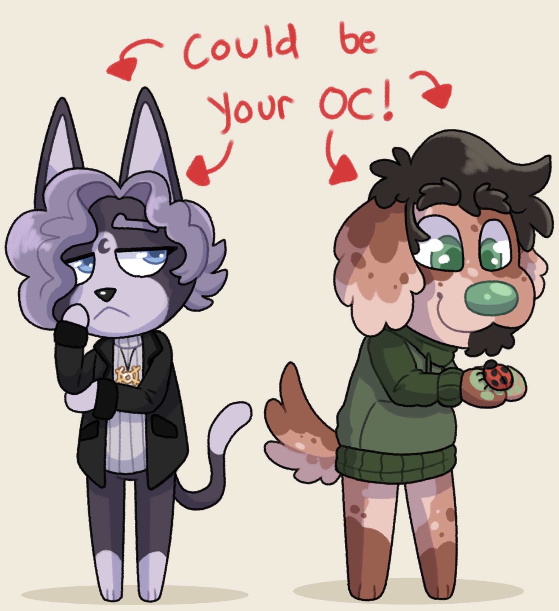 A picture of two Animal Crossing villager ocs with the text "Could be your oc!"