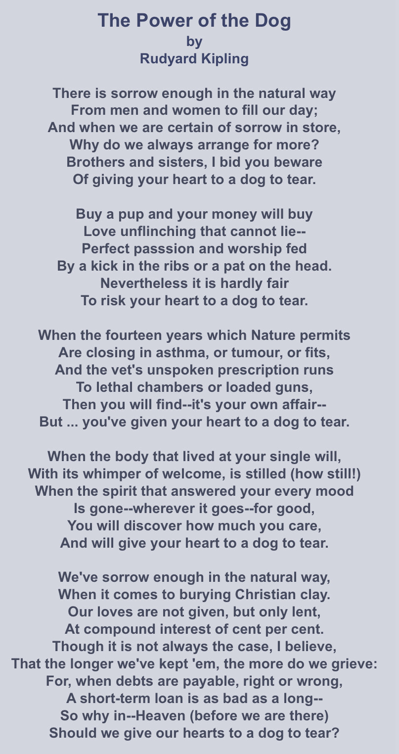 The Power of the Dog by
Rudyard Kipling
There is sorrow enough in the natural way From men and women to fill our day;
And when we are certain of sorrow in store, Why do we always arrange for more?
Brothers and sisters, I bid you beware Of giving your heart to a dog to tear.
Buy a pup and your money will buy Love unflinching that cannot lie--Perfect passsion and worship fed
By a kick in the ribs or a pat on the head.
Nevertheless it is hardly fair
To risk your heart to a dog to tear.
When the fourteen years which Nature permits Are closing in asthma, or tumour, or fits, And the vet's unspoken prescription runs To lethal chambers or loaded guns, Then you will find--it's your own affair--
But ... you've given your heart to a dog to tear.
When the body that lived at your single will, With its whimper of welcome, is stilled (how still!)
When the spirit that answered your every mood
Is gone-wherever it goes--for good, You will discover how much you care, And will give your heart to a dog to