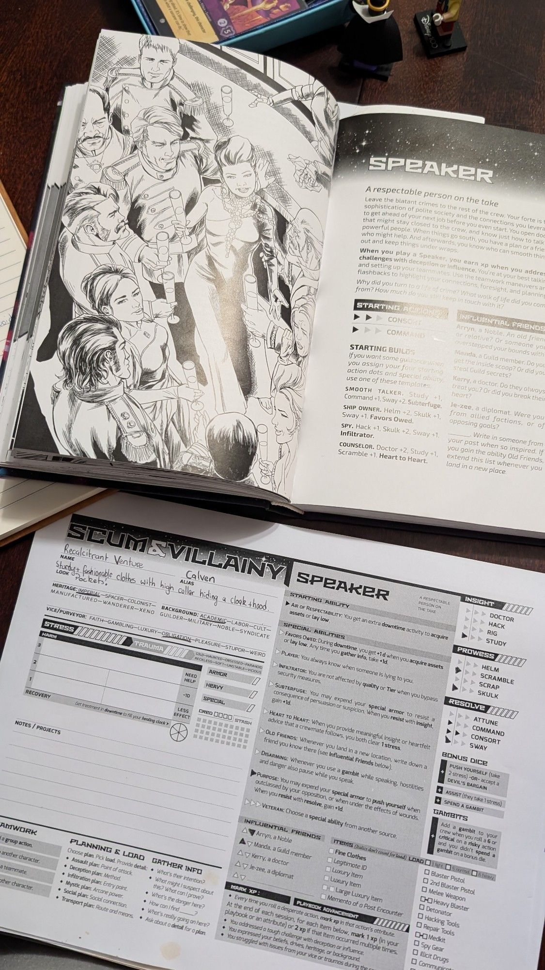 Character sheet for Scum and Villainy, a speaker called Recalcitrant Venture aka Calven