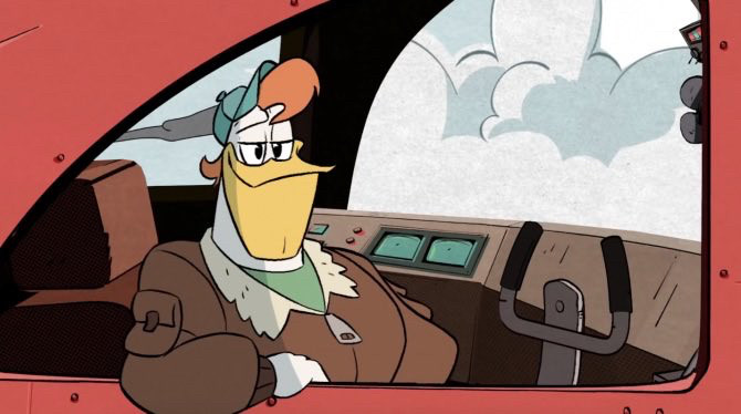 A screenshot of Launchpad McQuack in the Sunchaser from the DuckTales (2017) opening.