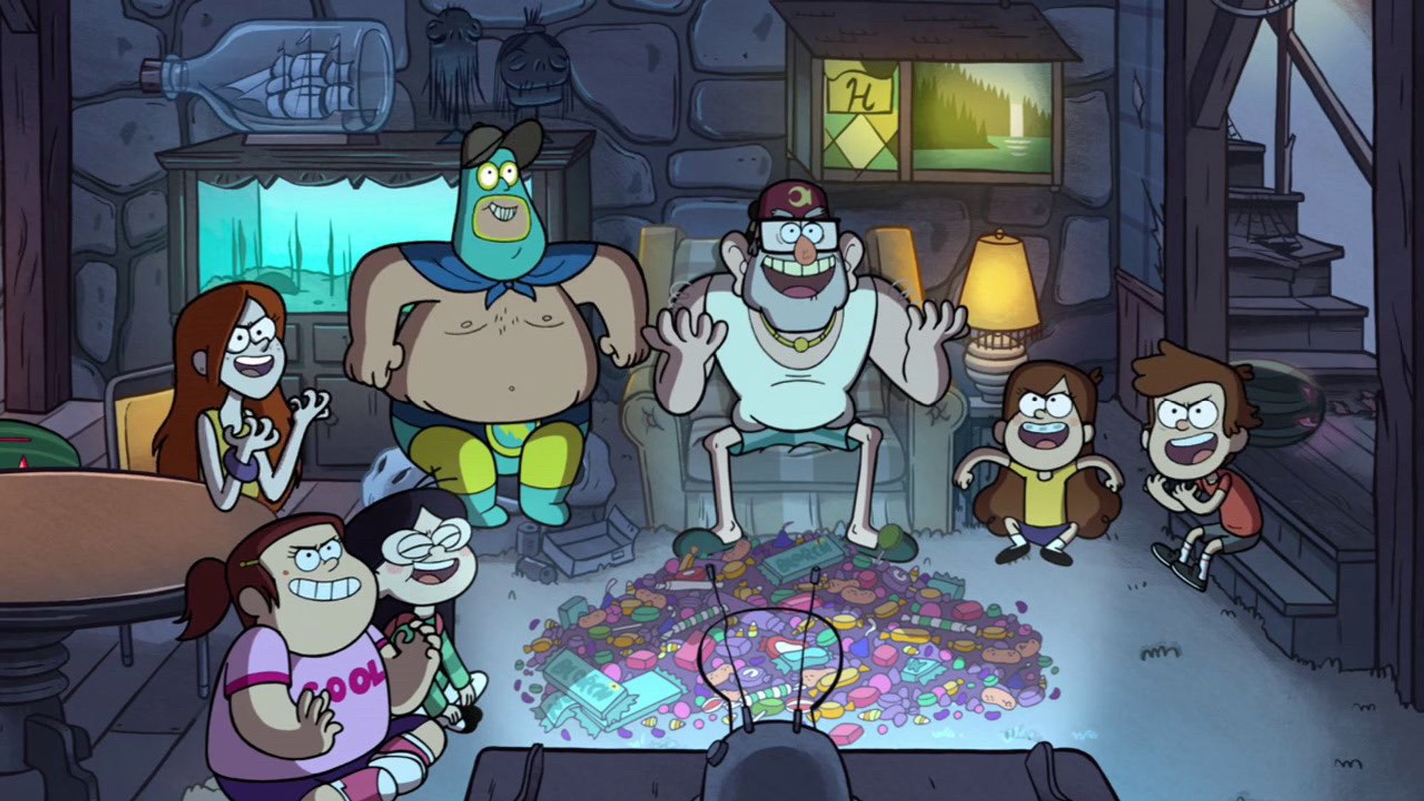 A screenshot of Grenda Grendinator, Candy Chiu, Wendy Corduroy, Soos Ramirez (who's dressed as a superhero), and Stan, Mabel, and Dipper Pines all laughing evilly while sitting in front of a large pile of candy with the television on from the Gravity Falls season 1 episode and Halloween special "Summerween".