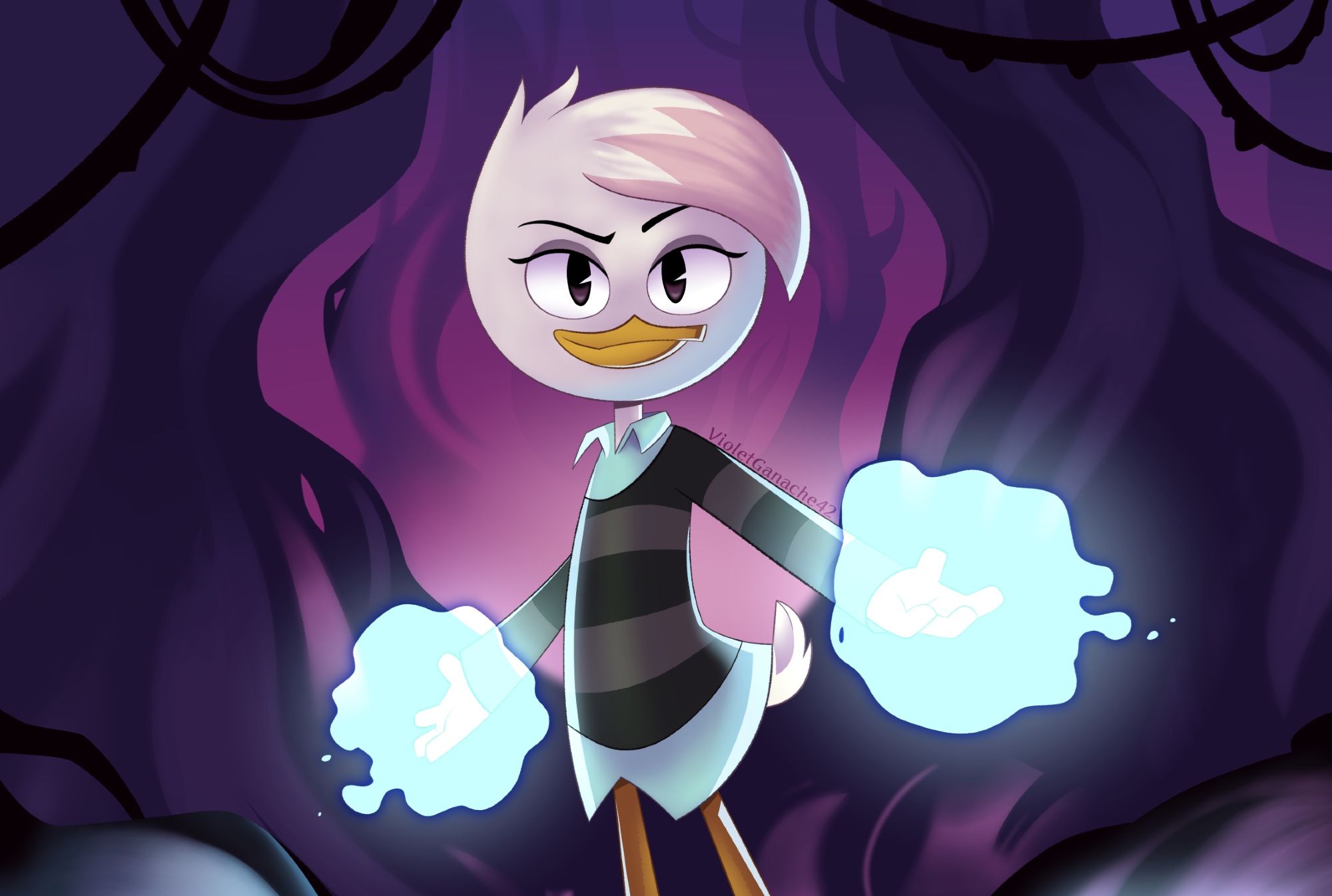 The full redrawn illustration of Lena Sabrewing - Rebellious Teenager. Lena Sabrewing—a teenage, anthropomorphic American Pekin Duck with creamy white plumage, four spikes of pink hairdye on her swept bangs, an orange-yellow beak, two legs of the same orange-yellow color, purple eye shadow, an aqua green collared shirt, and a dark gray and lighter gray striped sweater—stands with her arms out as she smiles confidently. She is in the middle of a dark forest filled with black vines and dark purple trees, a few of which are fading into the pink-to-purple gradient sky. Two auras of light blue magic form on Lena's hands and cast their luminescence on two black tree roots in the foreground.