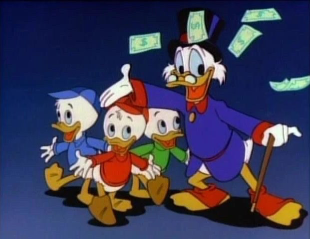 A screenshot of Huey, Dewey, and Louie Duck and Scrooge McDuck from the DuckTales (1987) opening.