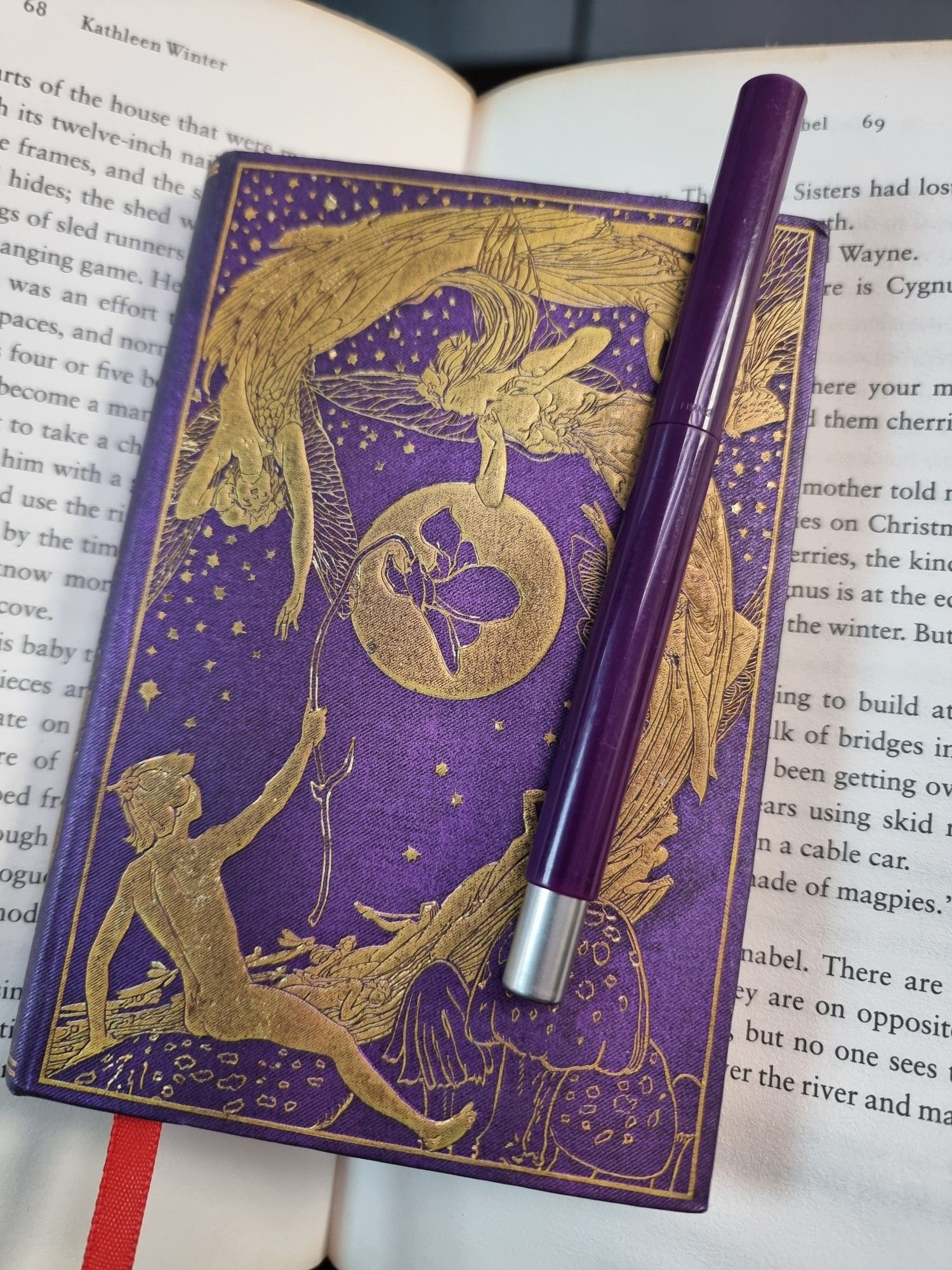 Purple bodied Parker rollerball pen. Paperblanks A6 notebook  Violet Fairy design
 Purple background,  a young  boy reaching up with a leaf to two fairies, all in gold relief 
 Based on the Flower Fairy books