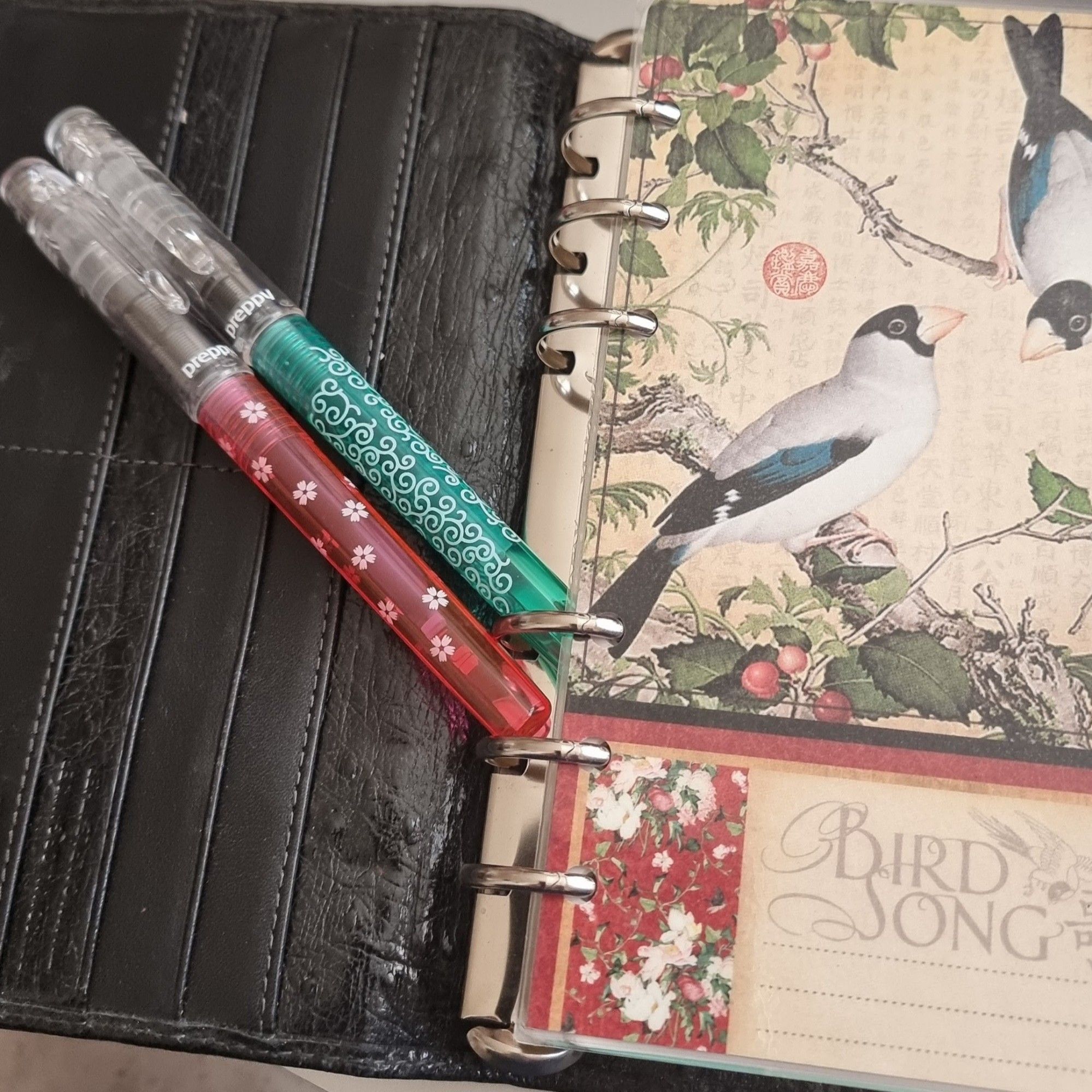 Picture two fountain pens against a black leather Filofax regency ringbinder. There is an illustrated page in the planner with a Chinese paining of birds and the text Bird Song.
Pens are green Platinum Preppy Wa Karakusa. Pink  Platinum Preppy Wa Sakura Chihashi