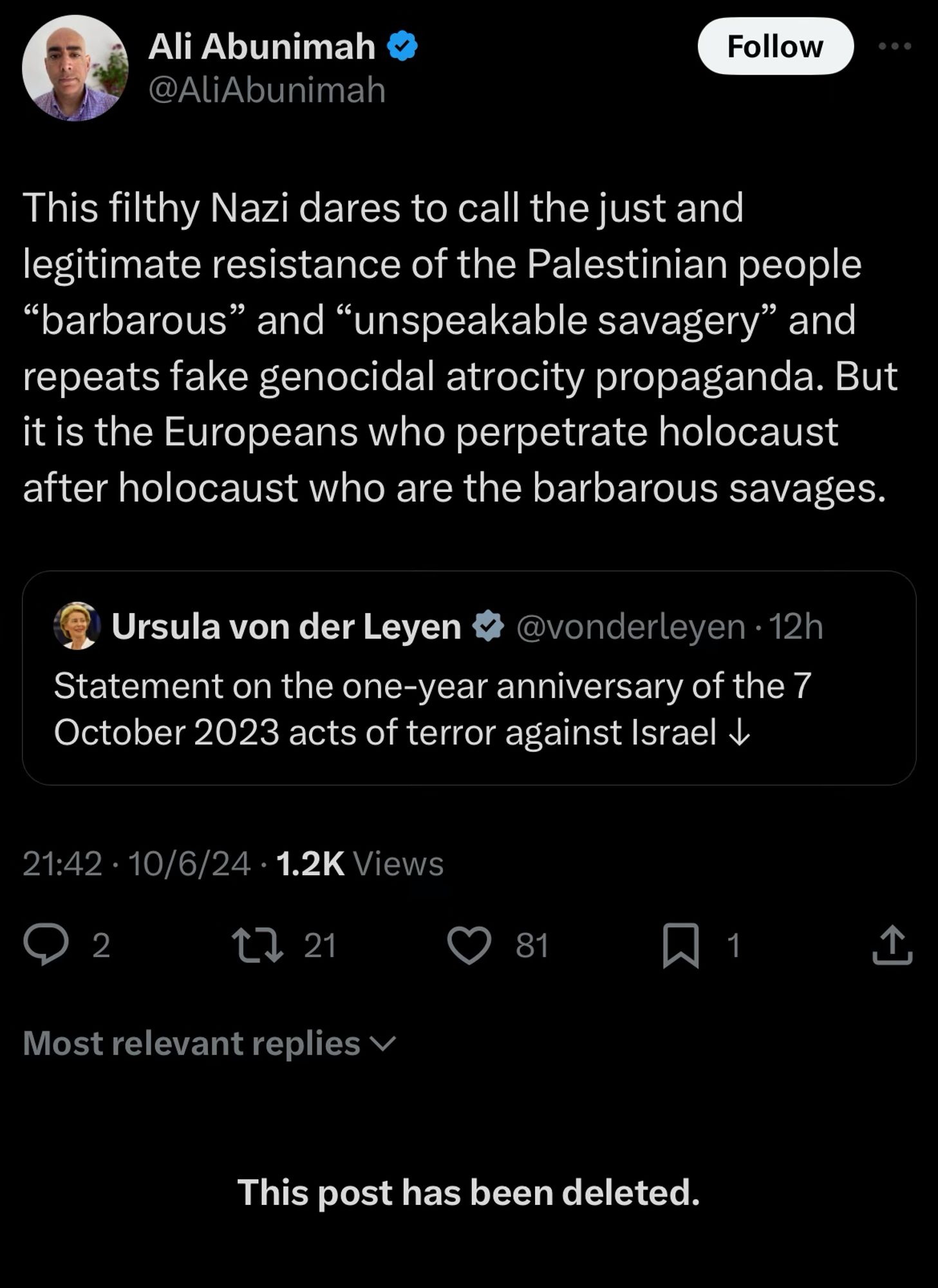 Ali Abunimah saying “This filthy Nazi dares to call the just and legitimate resistance of the Palestinian people
"barbarous" and "unspeakable savagery" and repeats fake genocidal atrocity propaganda. But it is the Europeans who perpetrate holocaust after holocaust who are the barbarous savages.”