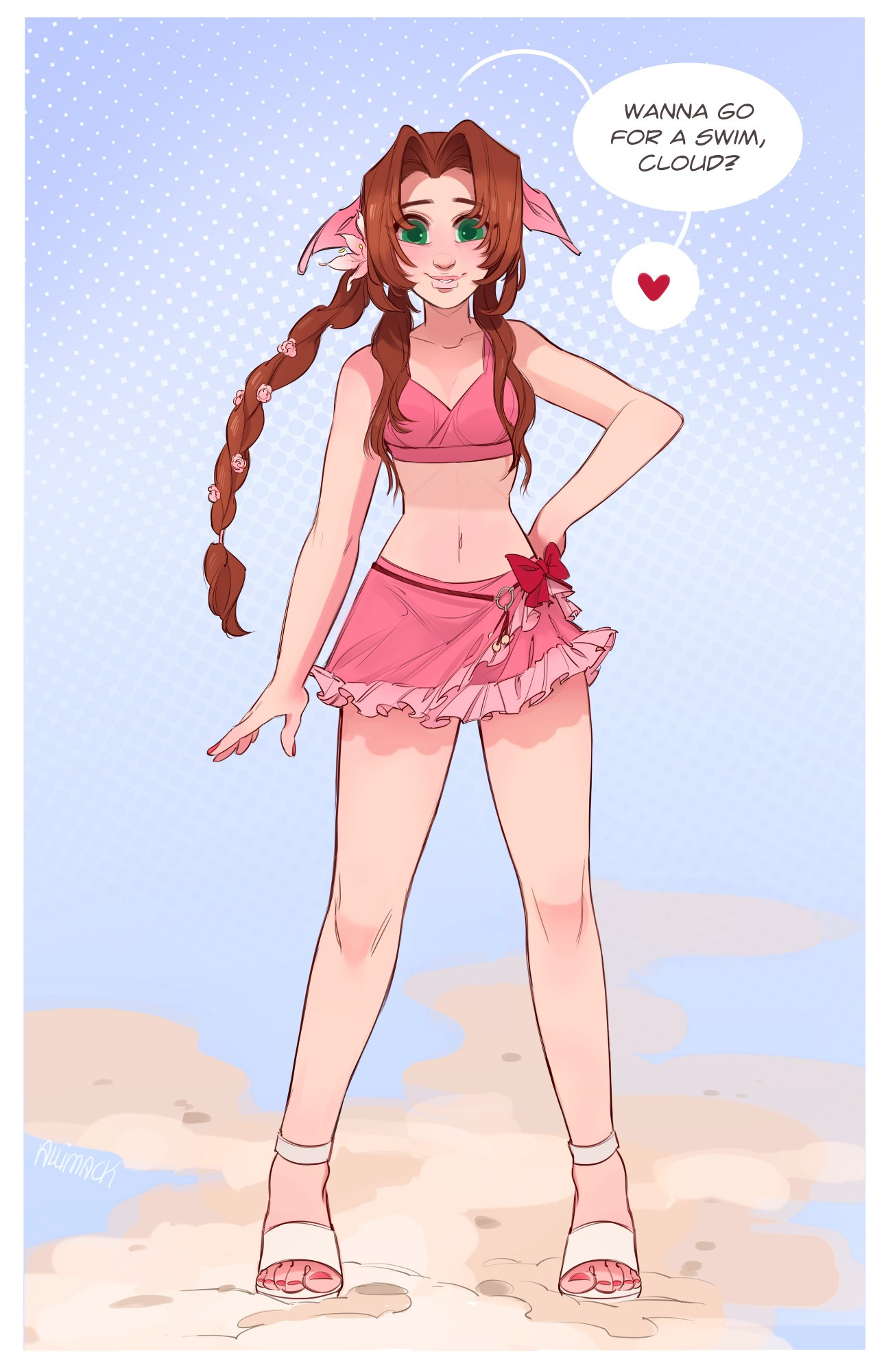 Aerith Gainsborough pictured on the beach in her pastel pink, two-piece bathing suit from Rebirth. She is saying, "Wanna go for a swim, Cloud?"