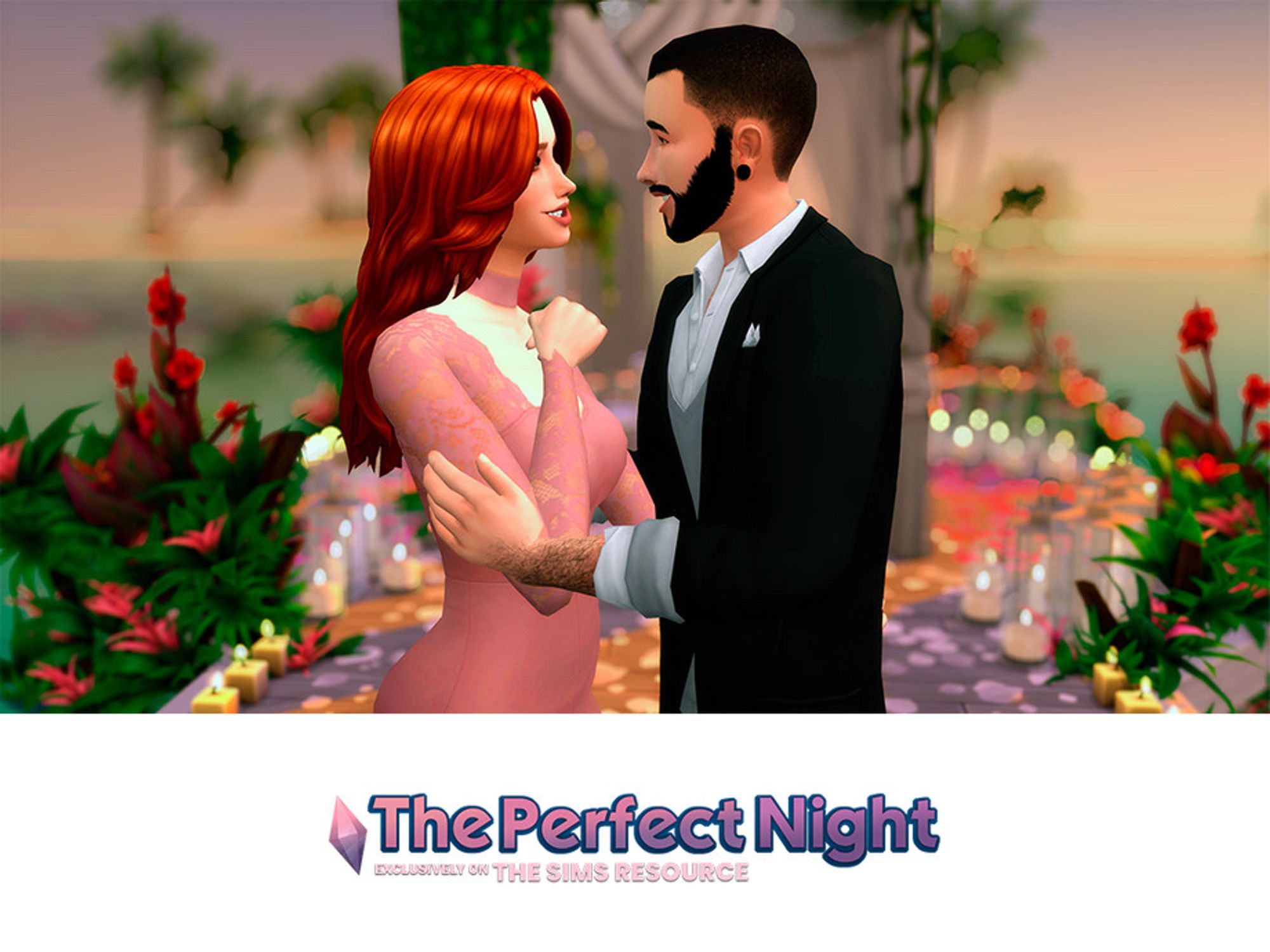 A picture from The Sims showing a young redhead woman Sim being embraced by a young bearded man Sim while on their date.