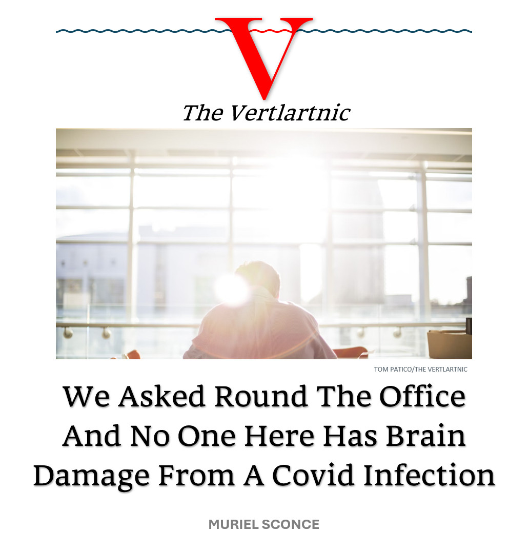 An office
Headline:
We Asked Round The Office And No One Here Has Brain Damage From A Covid Infection
Story by Tom Patico and Murial Sconce

Photo from Unsplash