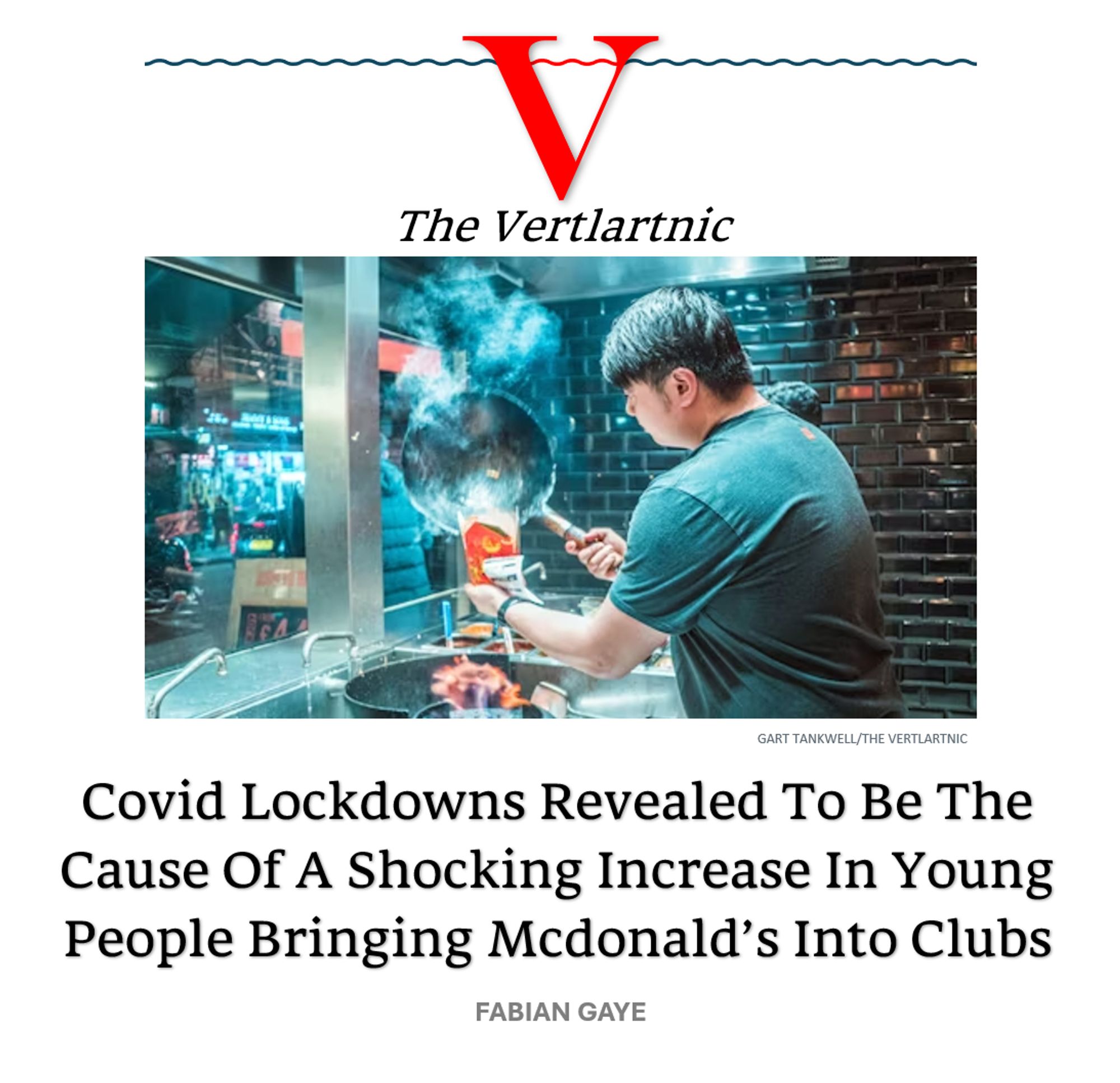 a cook in mcdonald's or maybe a club, it's hard to tell.
Headline: Covid Lockdowns Revealed To Be The Cause Of A Shocking Increase In Young People Bringing Mcdonald’s Into Clubs
Story by Gart Tankwell and Fabian Gaye

Photo from unsplash