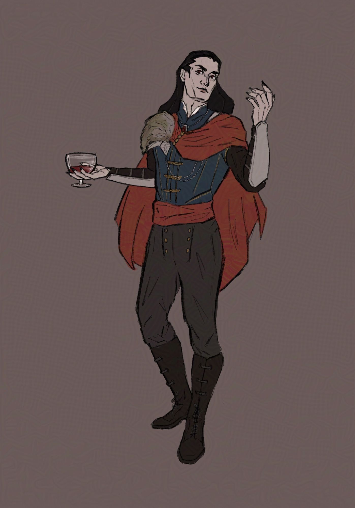 A digital drawing of a vampire man in a stylish outfit of blue and brown with a red cape.