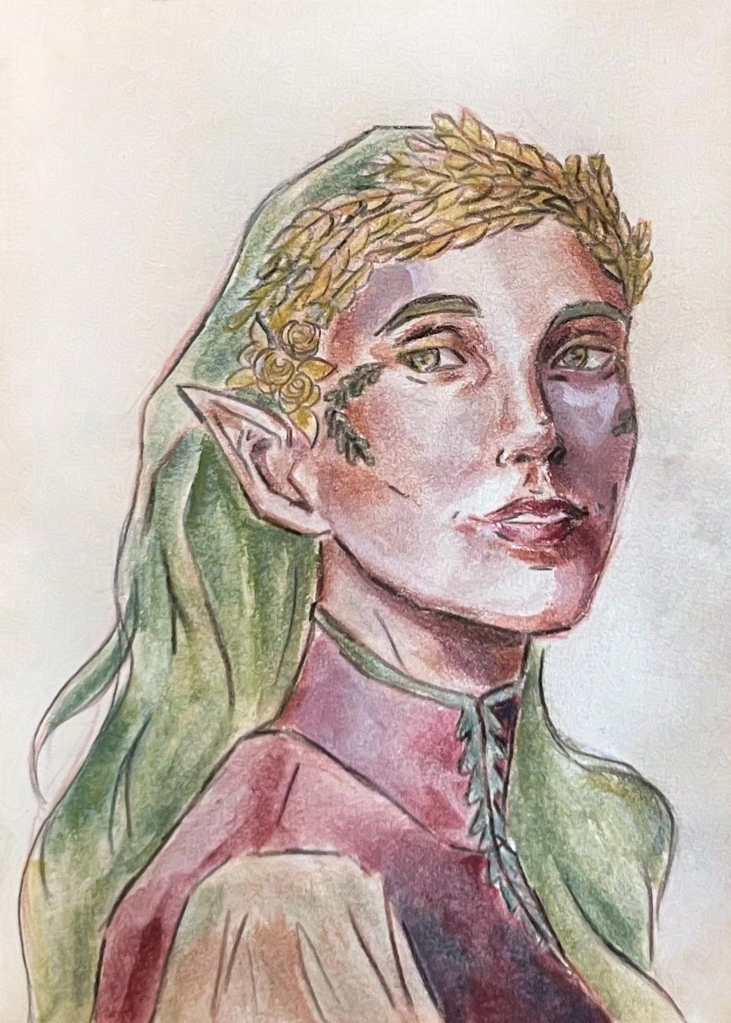 A drawing of a fey with long green hair and a crown of wheat.