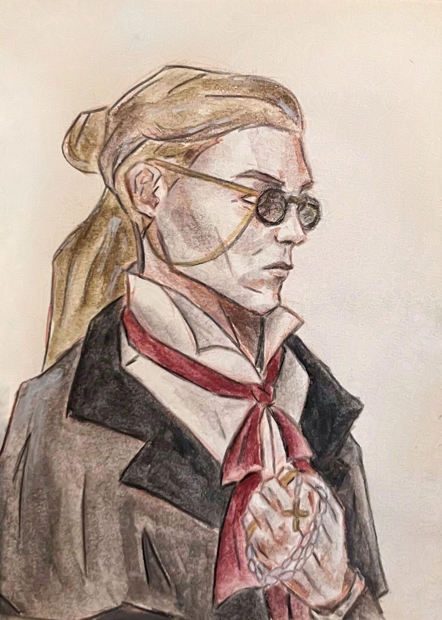 A drawing of a pale man with long blonde hair and dark glasses, holding a rosary with a cross.